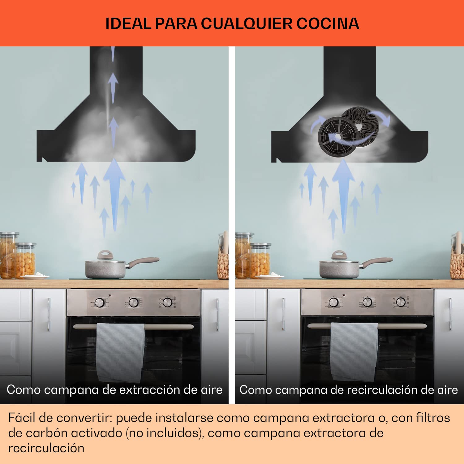 Klarstein Campana Extractora Cocina Montaje Pared con Filtro Aluminio Antigrasa para Lavavajillas, Flujo Aire 607m³/h, LEDs, Controles Táctil