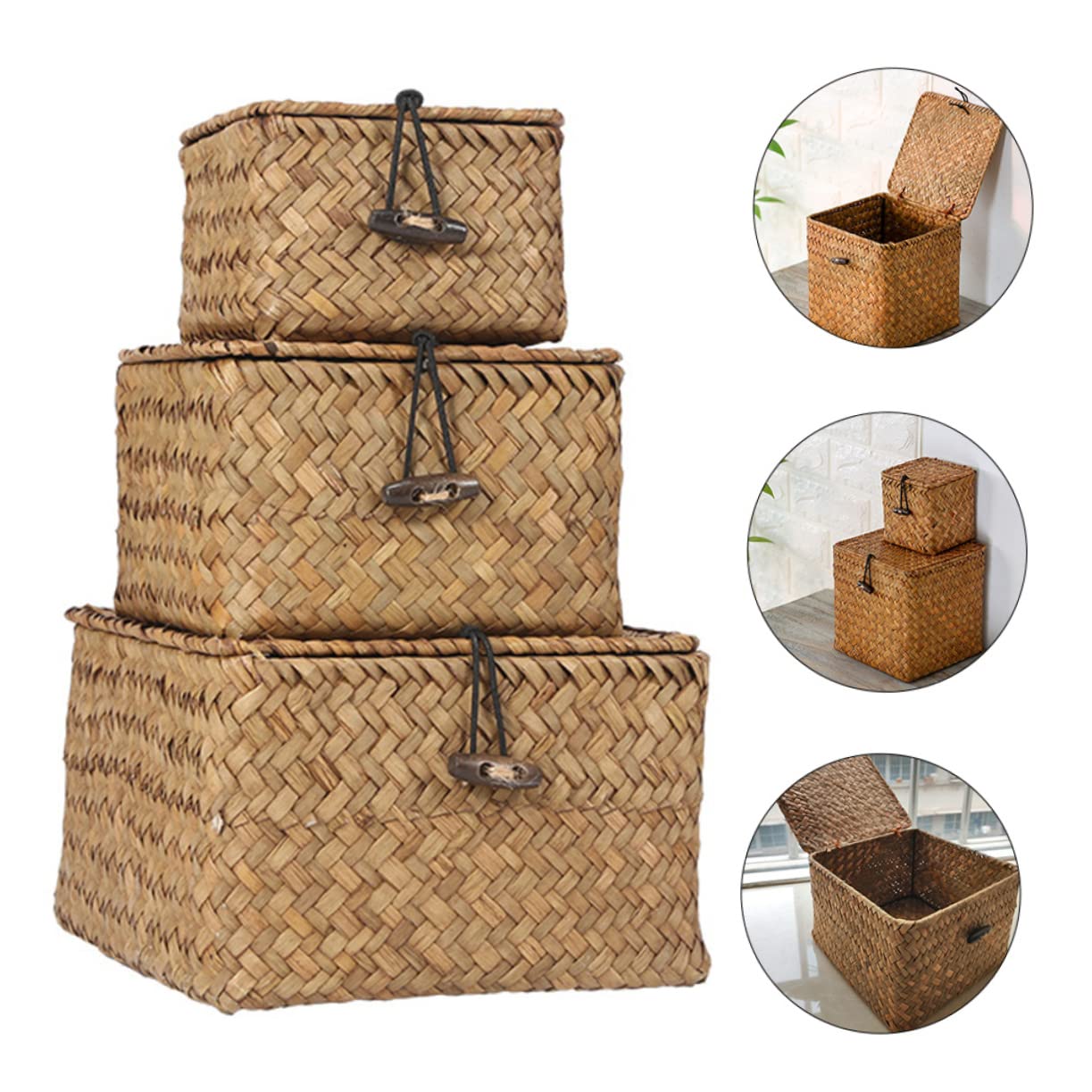 Panier de Rangement Tressé en Paille 3 Pièces, Khaki, Vintage