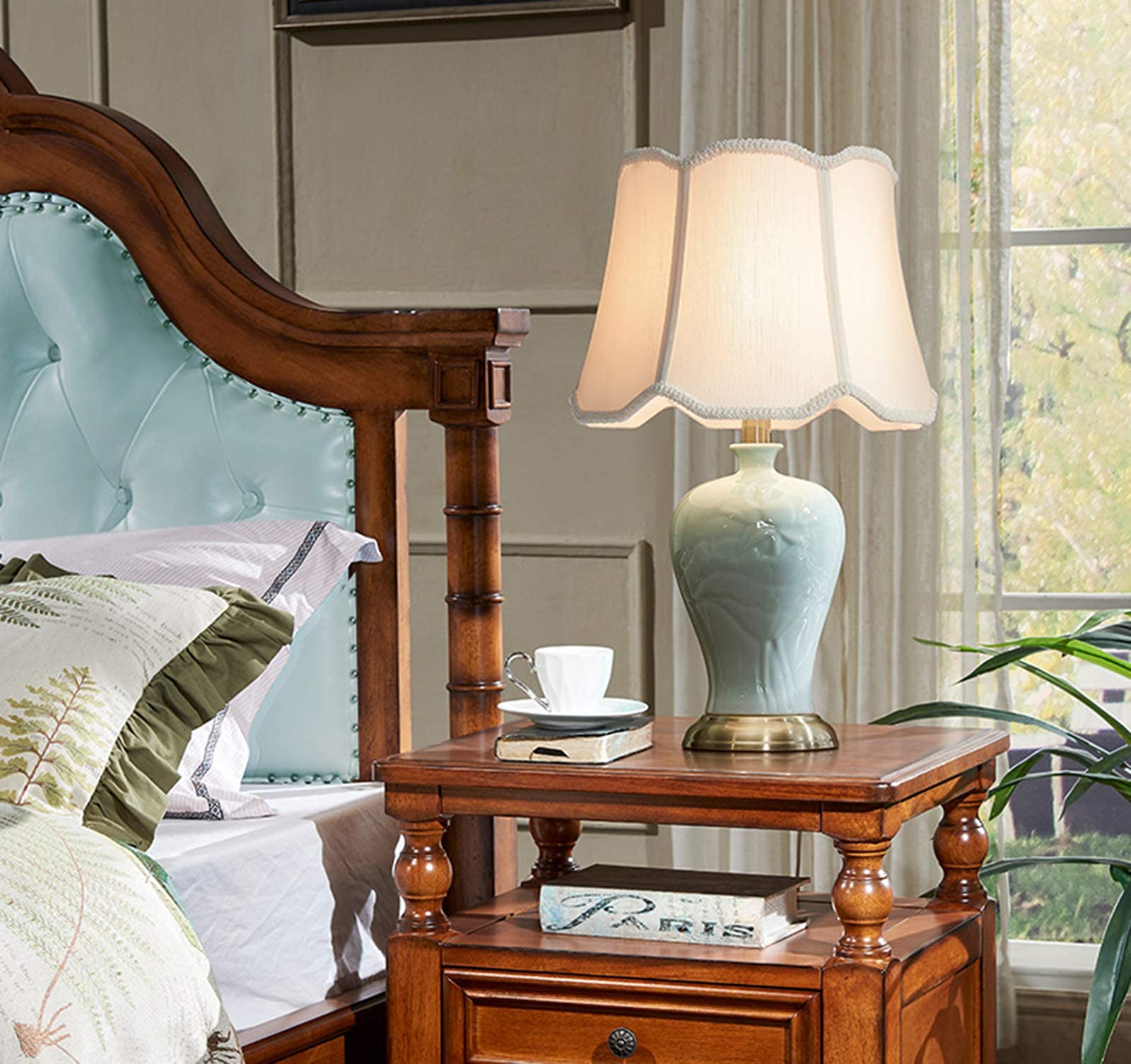 Amazon.co.jp: 室内照明30 * 54cm緑釉彫刻セラミックテーブルランプ、2