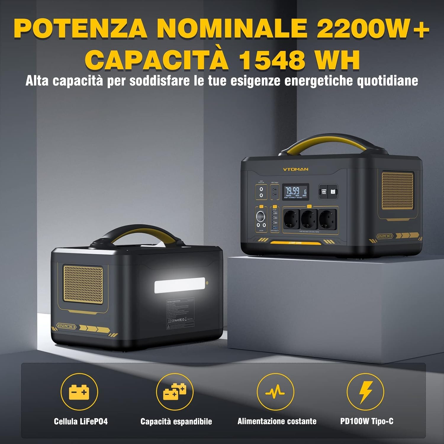 VTOMAN Jump 2200 Centrale Elettrica Portatile da 2200W, Generatore Solare da 1548Wh con Capacità Espandibile, con Avviatore, Potenza in Ingresso Potenziata a 400W - 3