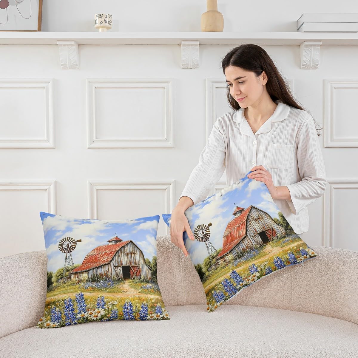 Erosebridal Pack of 2 Rustic Farmhouse Pillow Covers Red Barn Surrounded by Bluebonnets & Windmill Throw Pillow Covers,Farmhouse House Decor,24x24 Inch
