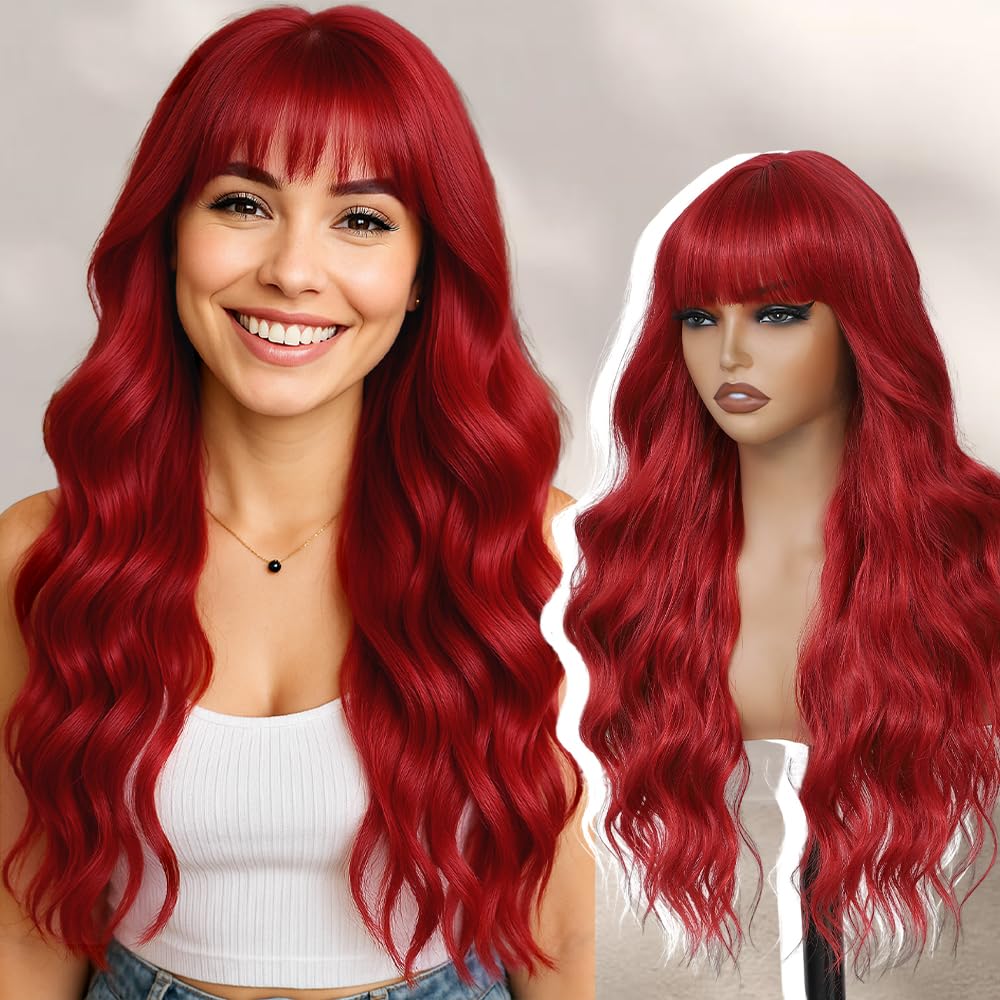 Photo 1 of ***HEAVILY USD (TANGLED)*** Long Red Wigs with Bangs 26Inch Wavy Curly Hair for Women Tangle Free Beginner Friendly Soft Natural Looking Wigs for Daily Party Use