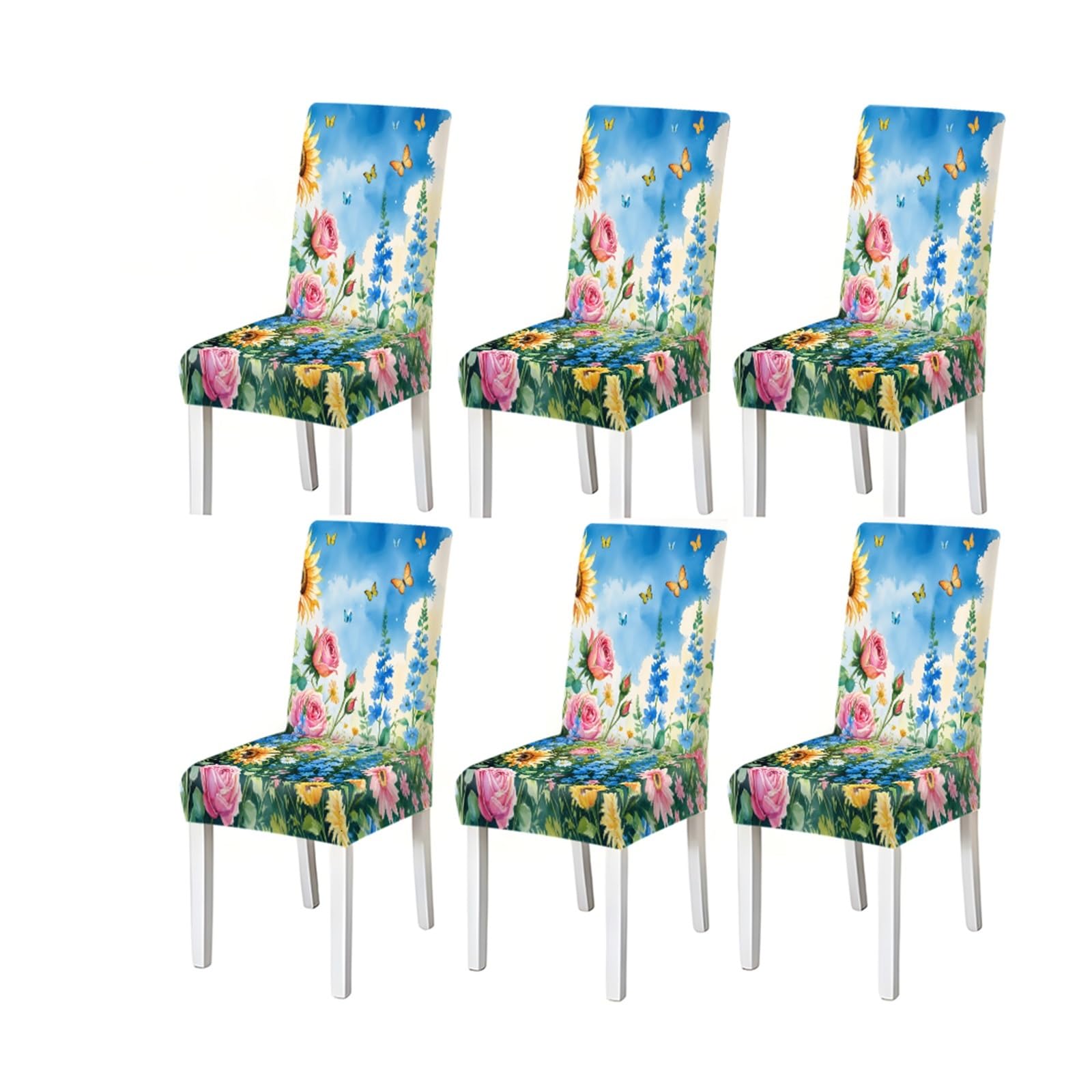 BOSUYBN Garden Floral Butterfly Pattern Print Dining Chair Covers Set Of 2/4/6, Stretch Slipcovers For Kitchen Dining Room Furniture Protectors for Home Dining Room(6PCSChair cover)