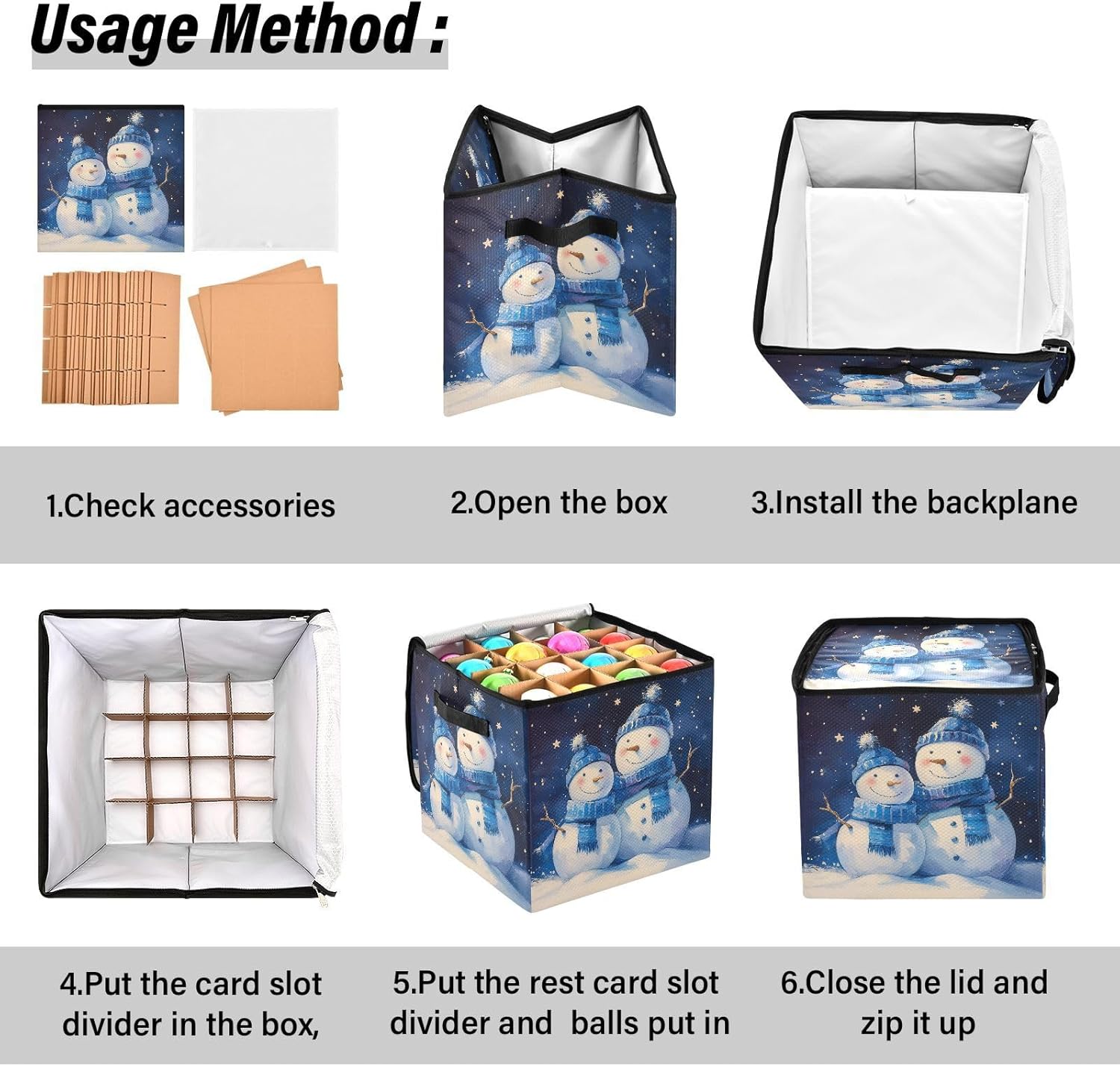 High Capacity Christmas ornament organizer storage Holds Up to 64, Adjustable Dividers, Zippered Top, Two Handles sturdy Holiday Storage Case with Lid,Snowmen Blue Iilustration