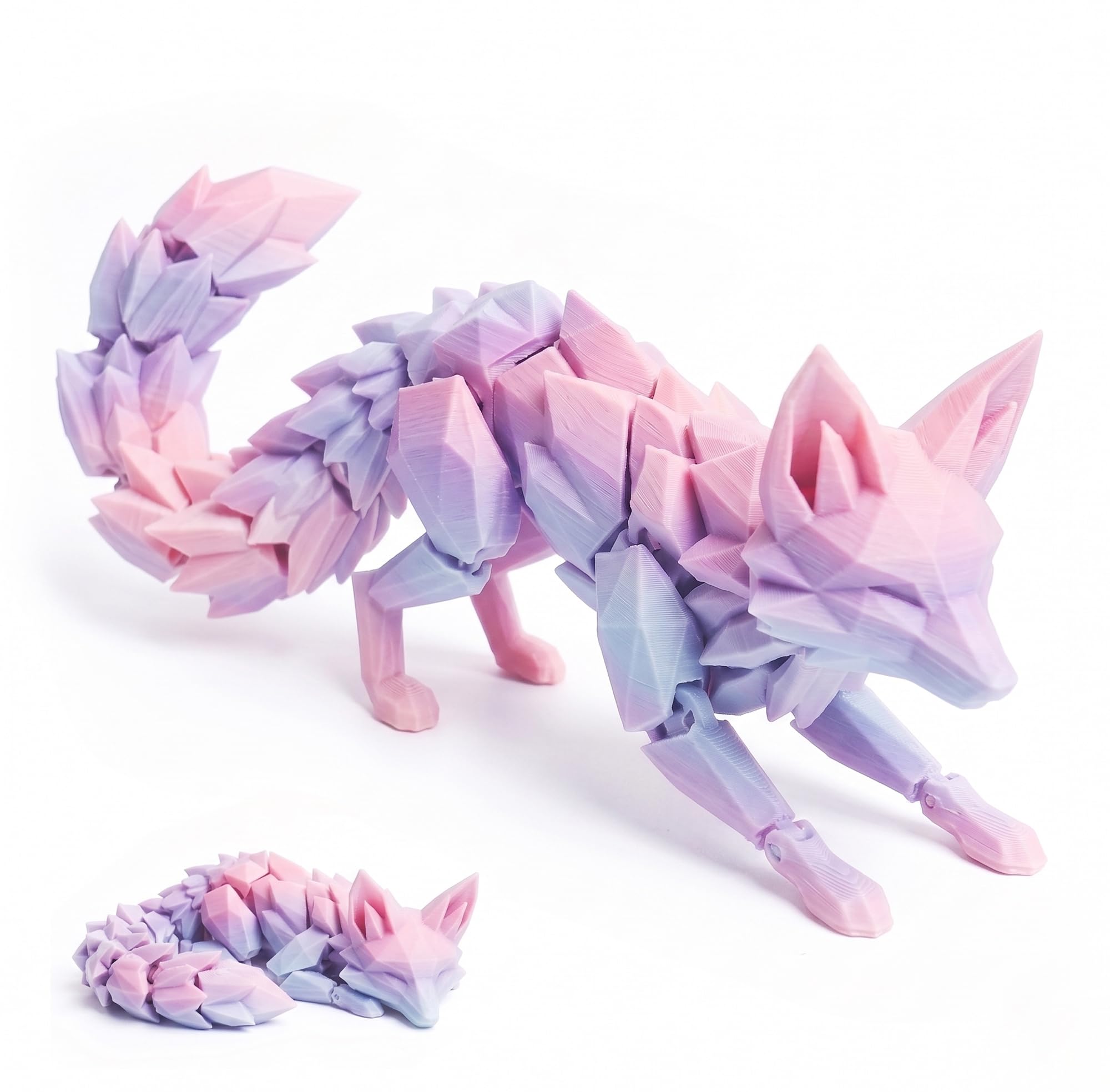 3D Printed Articulated Fox Figurine, Animal Fidget Toy with Movable Joints, Geometric Desktop Ornament for Home Office Shelf Decor (S,Pink Purple)