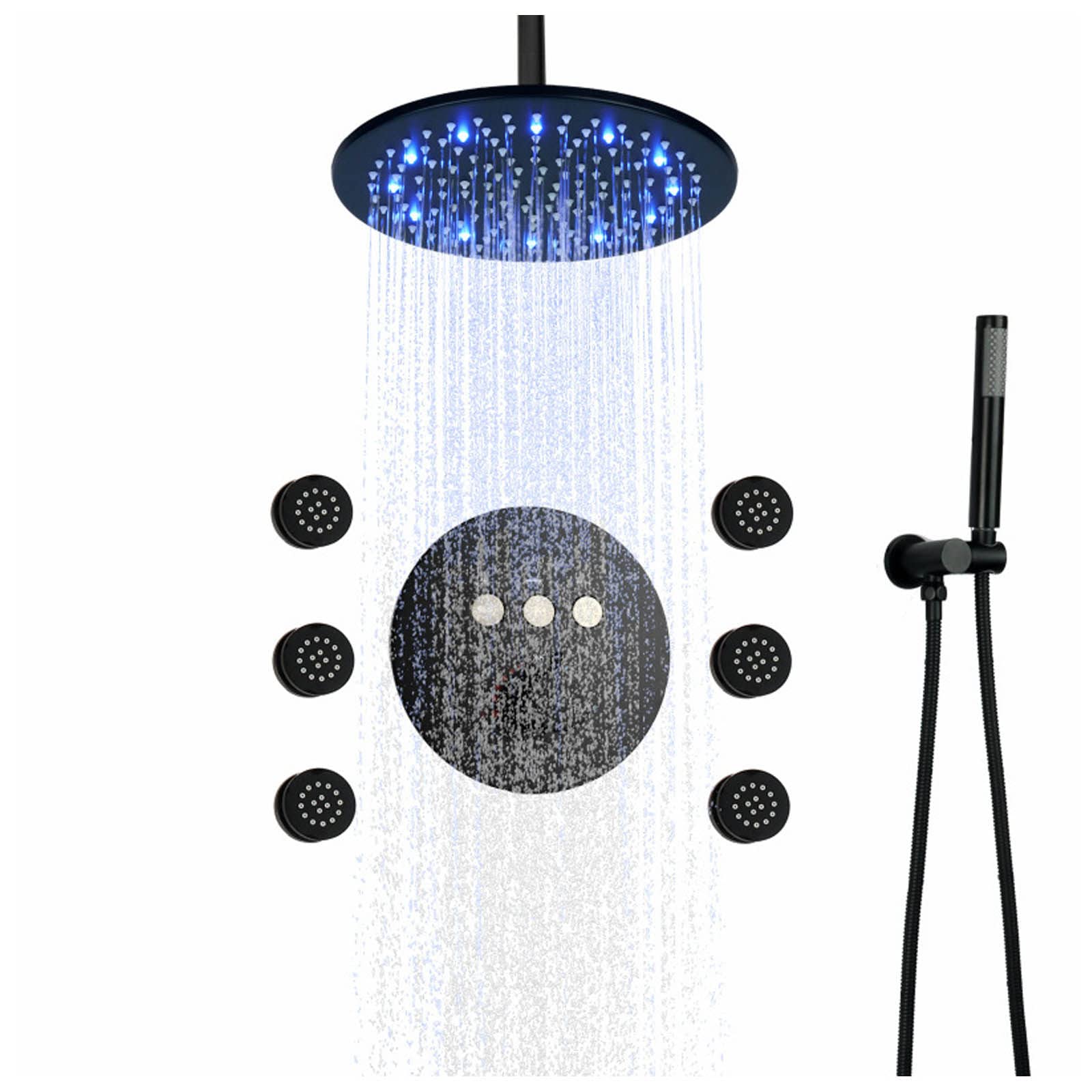 Pommeau de douche à effet pluie à LED encastré au plafond et mitigeur thermostatique