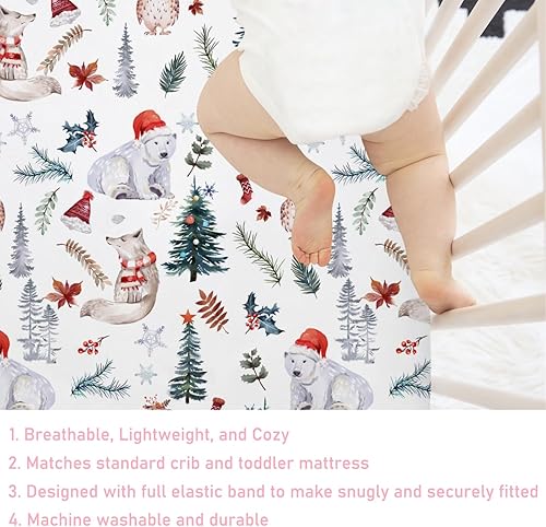Miniatura 6 de Sábana bajera ajustable para cuna de bebé de animales del bosque, 52 x 28 pulgadas, diseño de animales de Navidad, oso, zorro, búho, abeto, hojas de