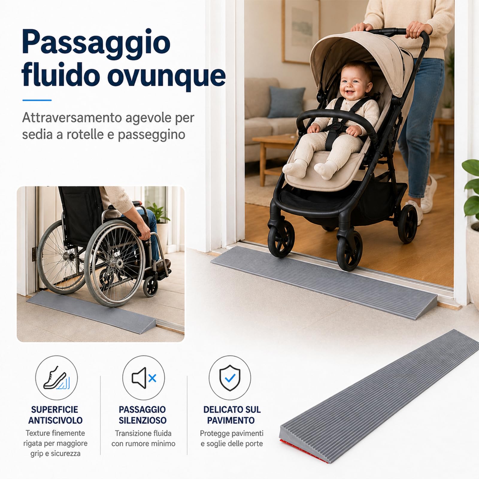 Rampa per Soglia,Rampa per Disabili 900 x 80 x (10-30) mm Rampa Moto Rampa per Sedia a Rotelle Passeggini Deambulatori o Scooter (Grigio, 90x8x3cm)