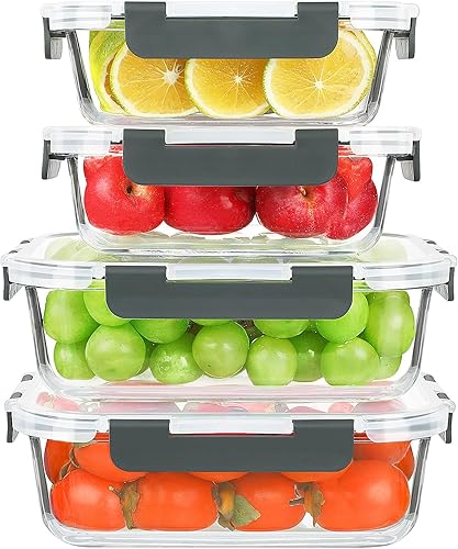 KOMUEE Juego de recipientes de vidrio de 52 onzas y 22 onzas con tapas herméticas, sin BPA, paquete de 4 recipientes de preparación de comidas para