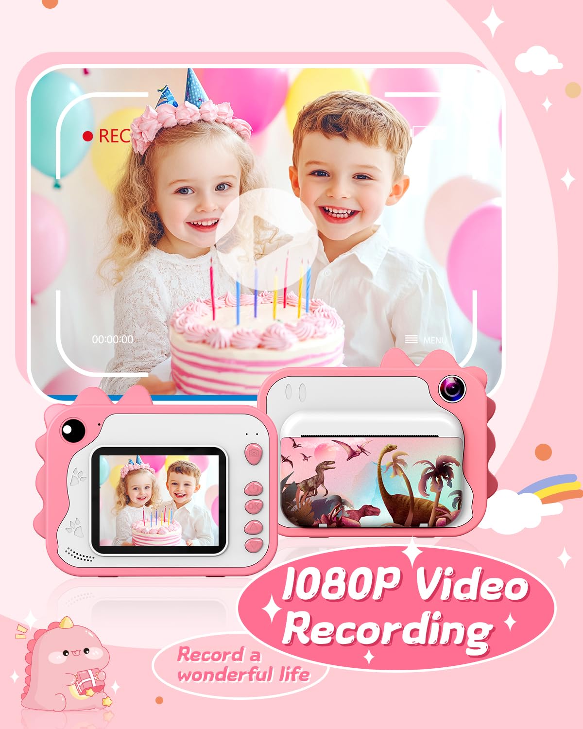 Cámara de impresión instantánea para niños, cámara de impresión instantánea de dinosaurio para niños con video de 1080P, tarjeta SD de 32 GB, 240 fotos, regalos de cumpleaños de Navidad para niños y 3