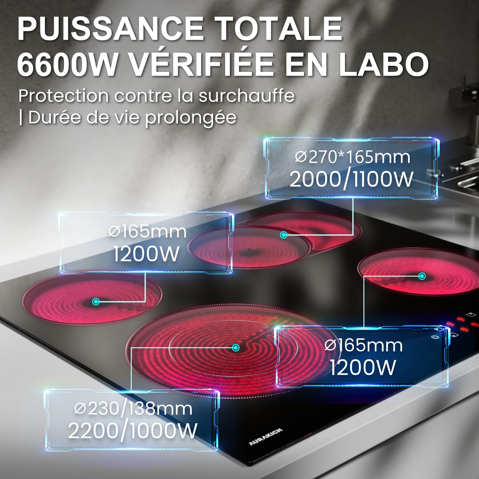 Plaque Vitrocéramique 4 Feux Encastrable 60cm 6600W Commande Tactile Zone Double Ronde Ovale