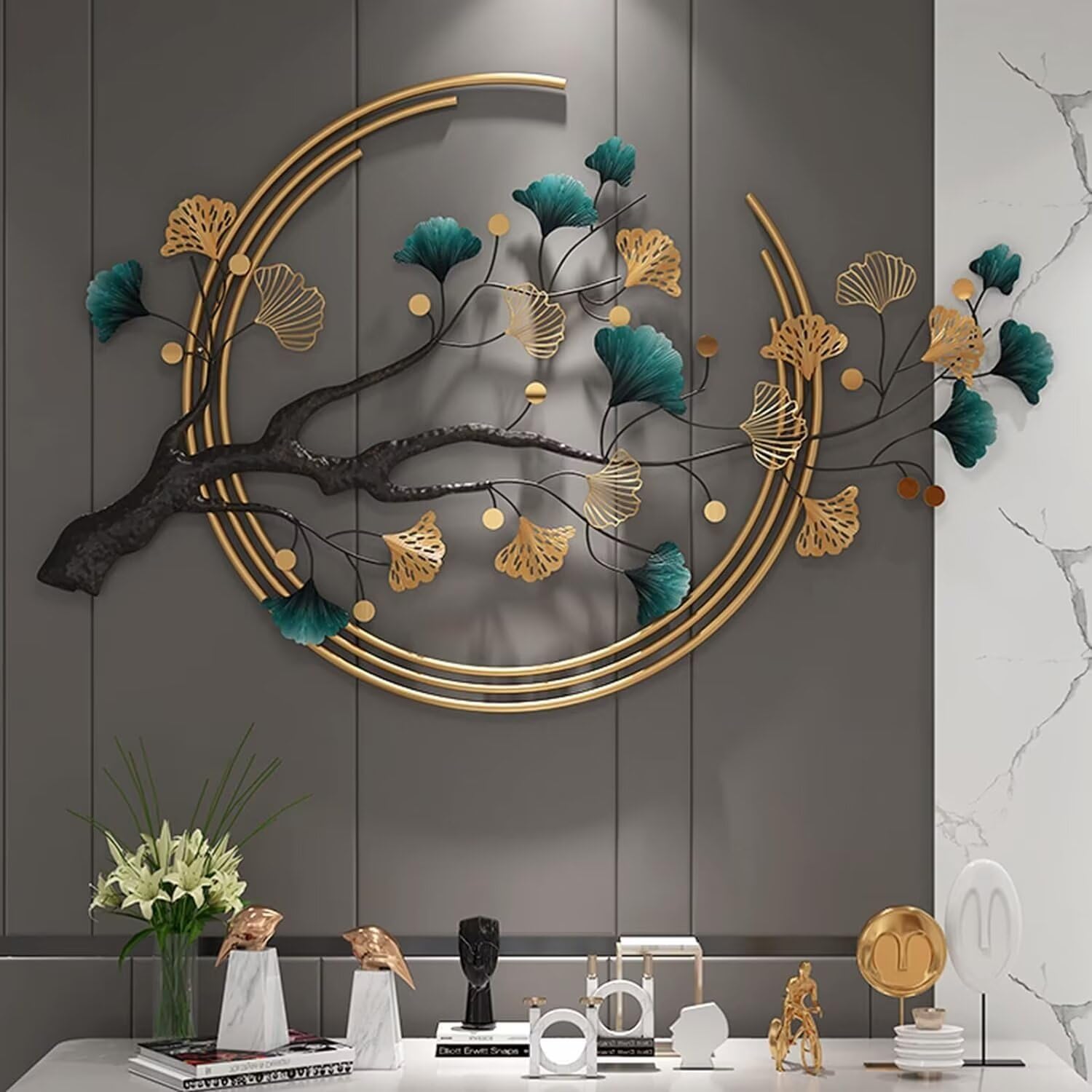 JKFGYTHG Décoration murale de luxe en métal avec des feuilles de ginkgo, décoration d'art naturel pour le salon, la chambre, la cuisine et l'hôtel, 134x83cm