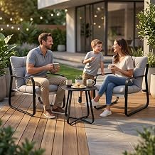 Alivio 3 Piece Patio Bistro Set, 2 Cushioned Iron Leisure Chairs & Round Coffee Table, Weather-Resistant Garden Balcony Furniture Grey