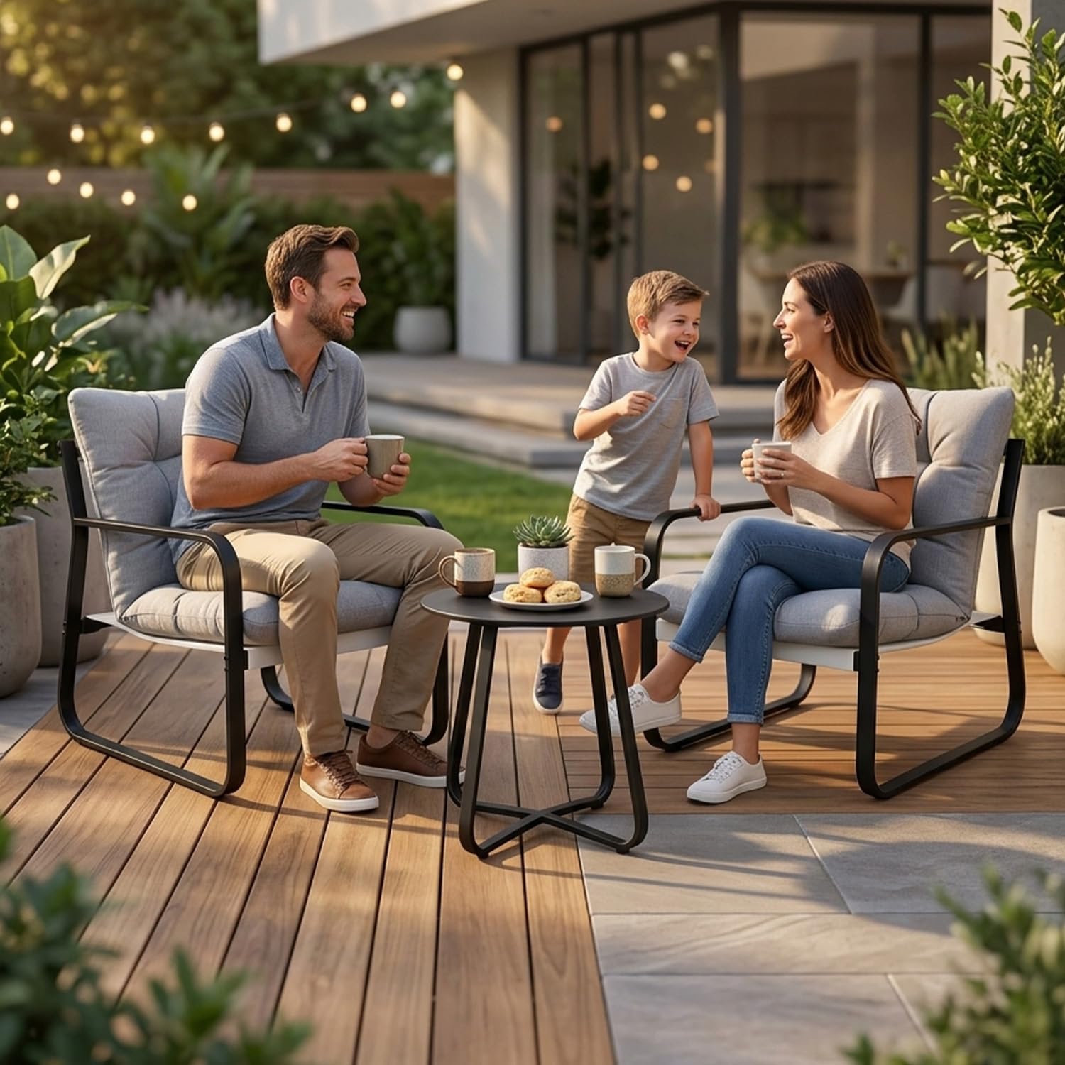 Alivio 3 Piece Patio Bistro Set, 2 Cushioned Iron Leisure Chairs & Round Coffee Table, Weather-Resistant Garden Balcony Furniture (Grey)