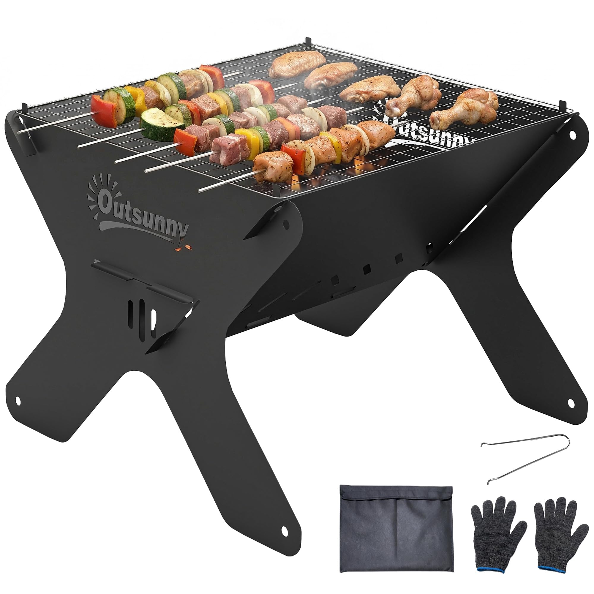 Outsunny 2-In-1 Camping Fire Pit and Portable BBQ Grill, Tabletop Charcoal Barbecue Grill with Detachable Grate, Gripper, Gloves, Carry Bag, Metal Portable Fire Pit for Picnic Garden Terrace Travel