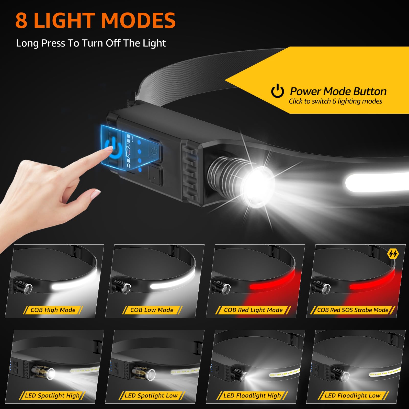 Lot de 2 lampes frontales rechargeables avec lumière rouge, super lumineuses à faisceau large de 230 °, 30 heures d'autonomie, 8 modes avec détecteur de mouvement, phares étanches et légers