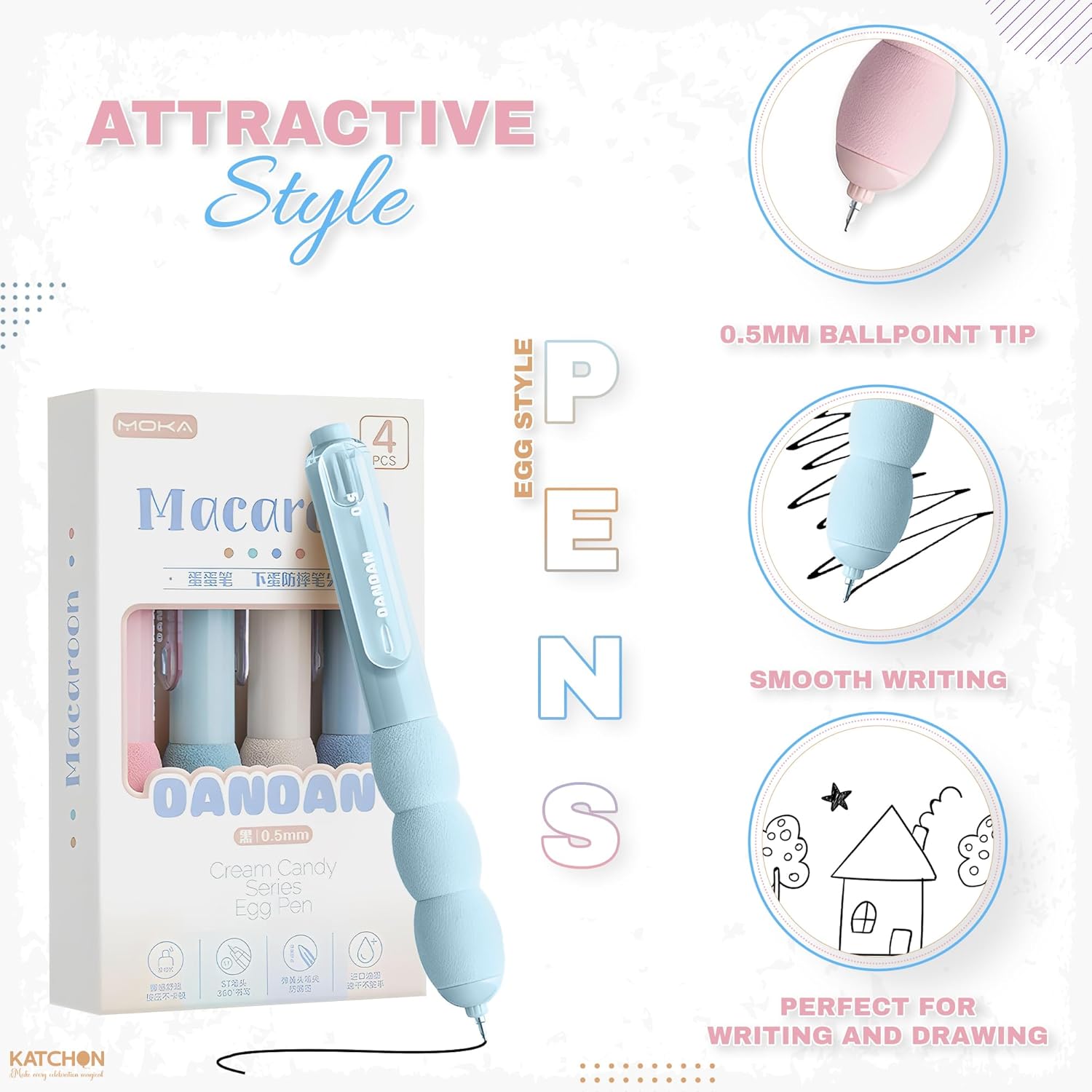 KatchOn Macaroon Egg Pens - Pack of 4 | 0.5mm Fine Tip Gel Pens with Soft Grip | Cute Pastel Pens for Students, Teachers, Journaling, Nurse Aesthetic Office School Supplies, Gifts for Women and Men
