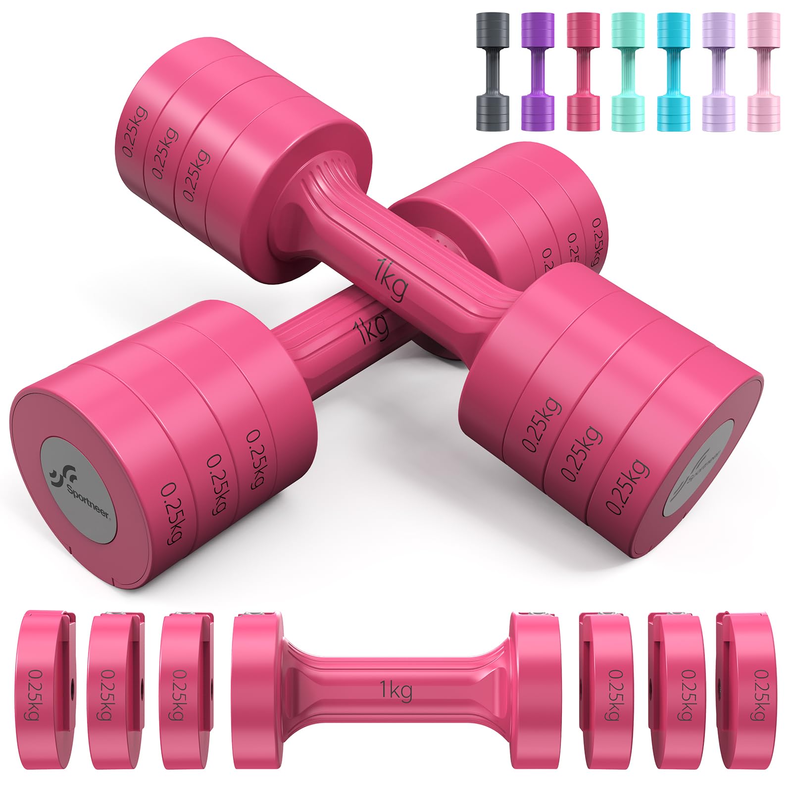 Sportneer Verstelbare Halters Voor Dames – Set Van 2, 1-2,5 Kg Per Halter, 4-in-1 Gewichten, Groen, Ideaal Voor Thuis En Gym