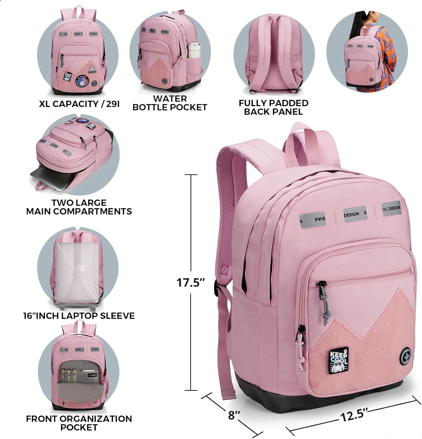 Swissdigital Design Big Student Laptop Backpack with Fun Personalized Patches For College Boy & Girl, Middle High School Teen Bookbag Cool Travel Daypack Pink -Includes 3 Patches | SD1718-81