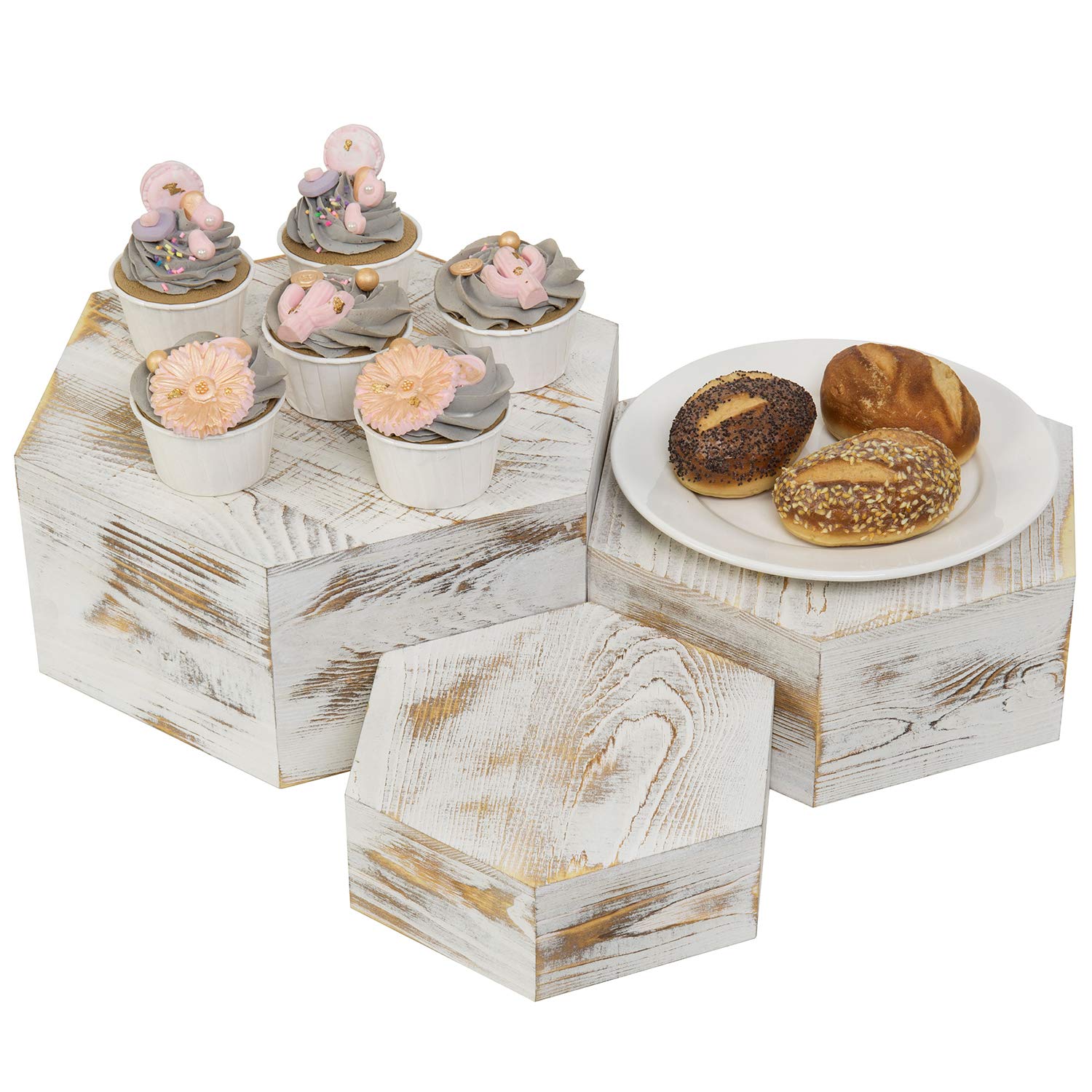 MyGift Shabby Whitewashed Wood Hexagonal Display Riser Stands for Cakes, Cupcakes, Desserts and Merchandise, Set of 3