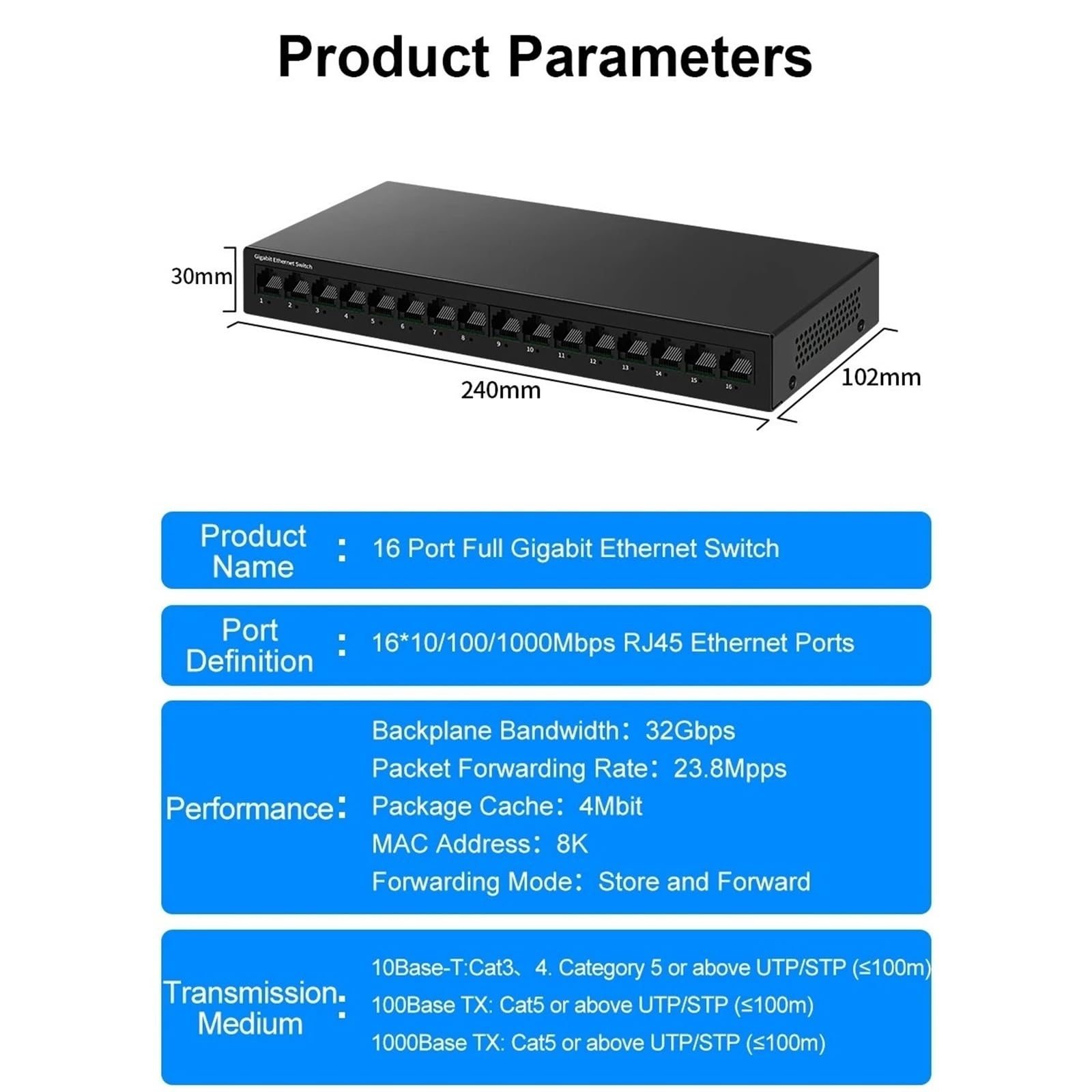 Przełącznik przemysłowy Gigabit 16-portowy przełącznik sieciowy Homelab Ethernet bez wentylatora biurkowego 1000 m (adapter AU)