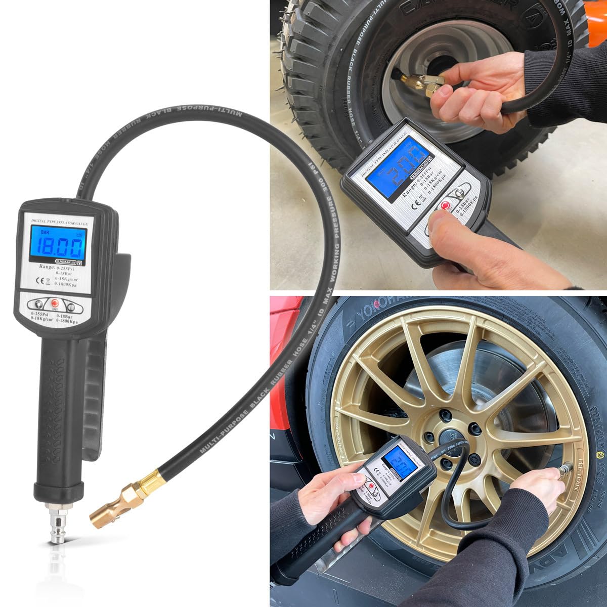 STAHLWERK Inflador digital de aire comprimido DRP-18 ST | Inflador de aire comprimido con manómetro digital | Manómetro digital para coches, camiones, motos, bicicletas | Rango de medición 0-18 bar