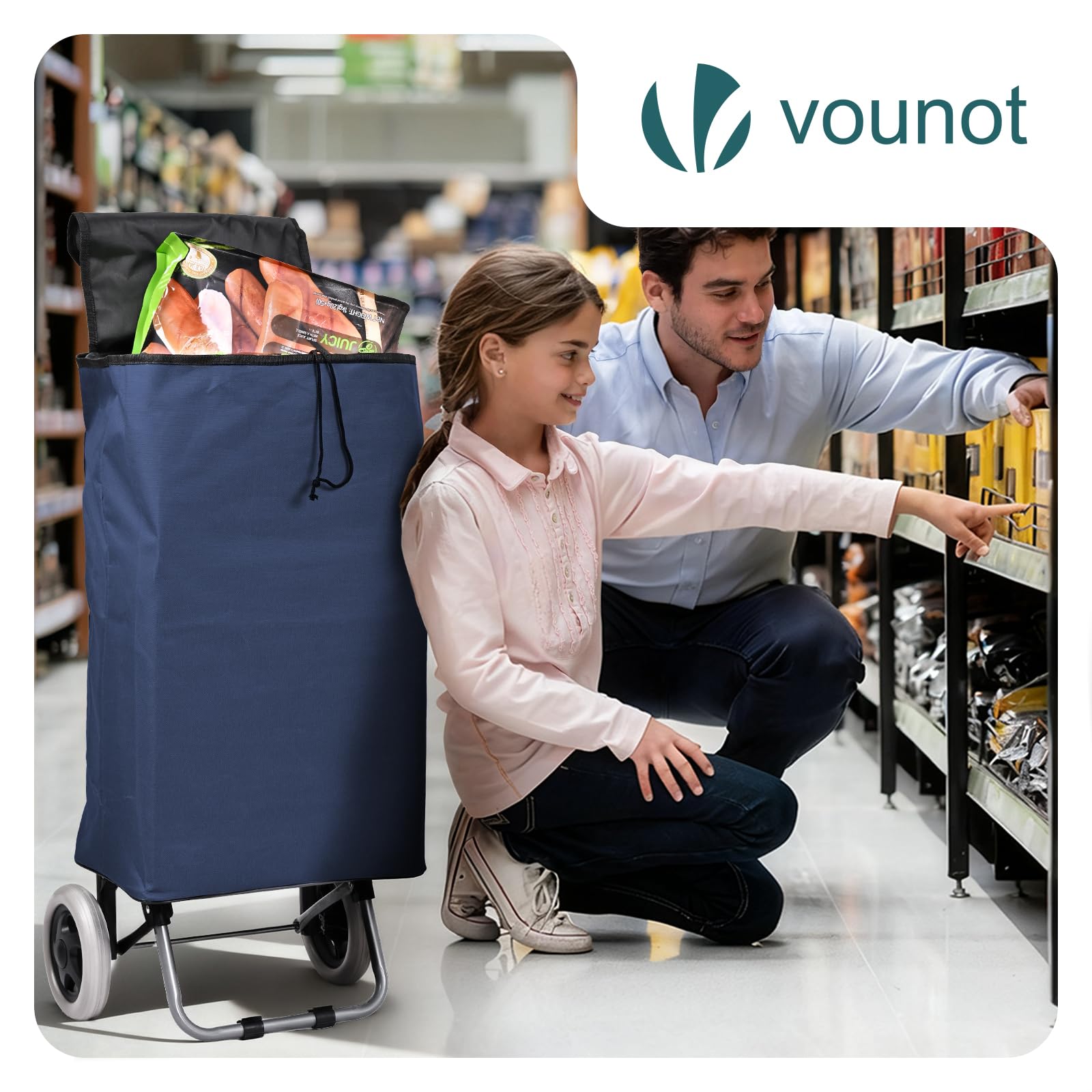 VOUNOT® Carrello Spesa 2 Ruote Pieghevole, 2 in 1 Trolley Spesa con Borsa in Tessuto Oxford dotata di Tasca con Cerniera, per Saliscale, 59L, Blu Navy