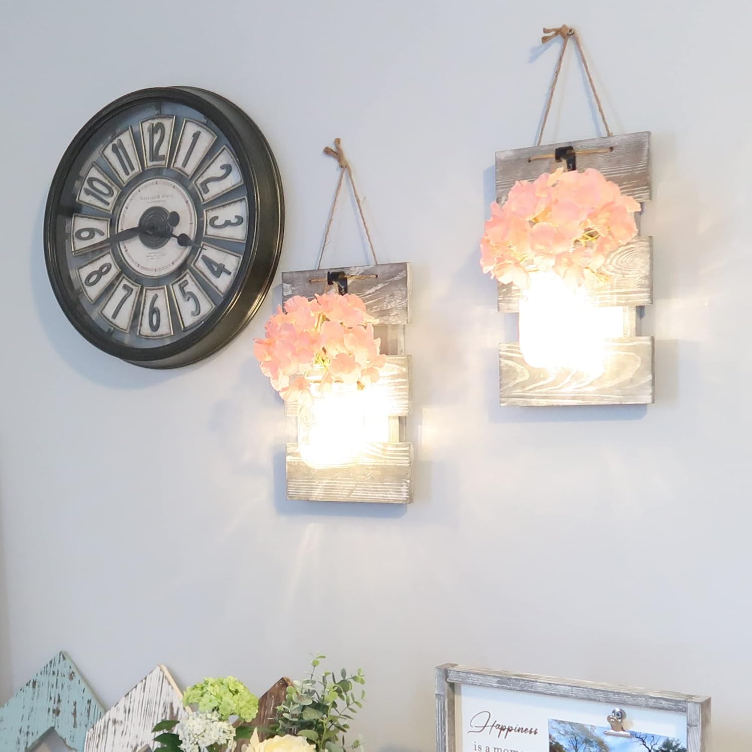 Besuerte Rustic Wall Decor, Wall Hanging Decor Farmhouse Wall Sconces Set of Two with LED Fairy Lights and Pink Flowers, Wall Decor for Dining Room, Living Room, Home Decor(Large,Rustic Gray)