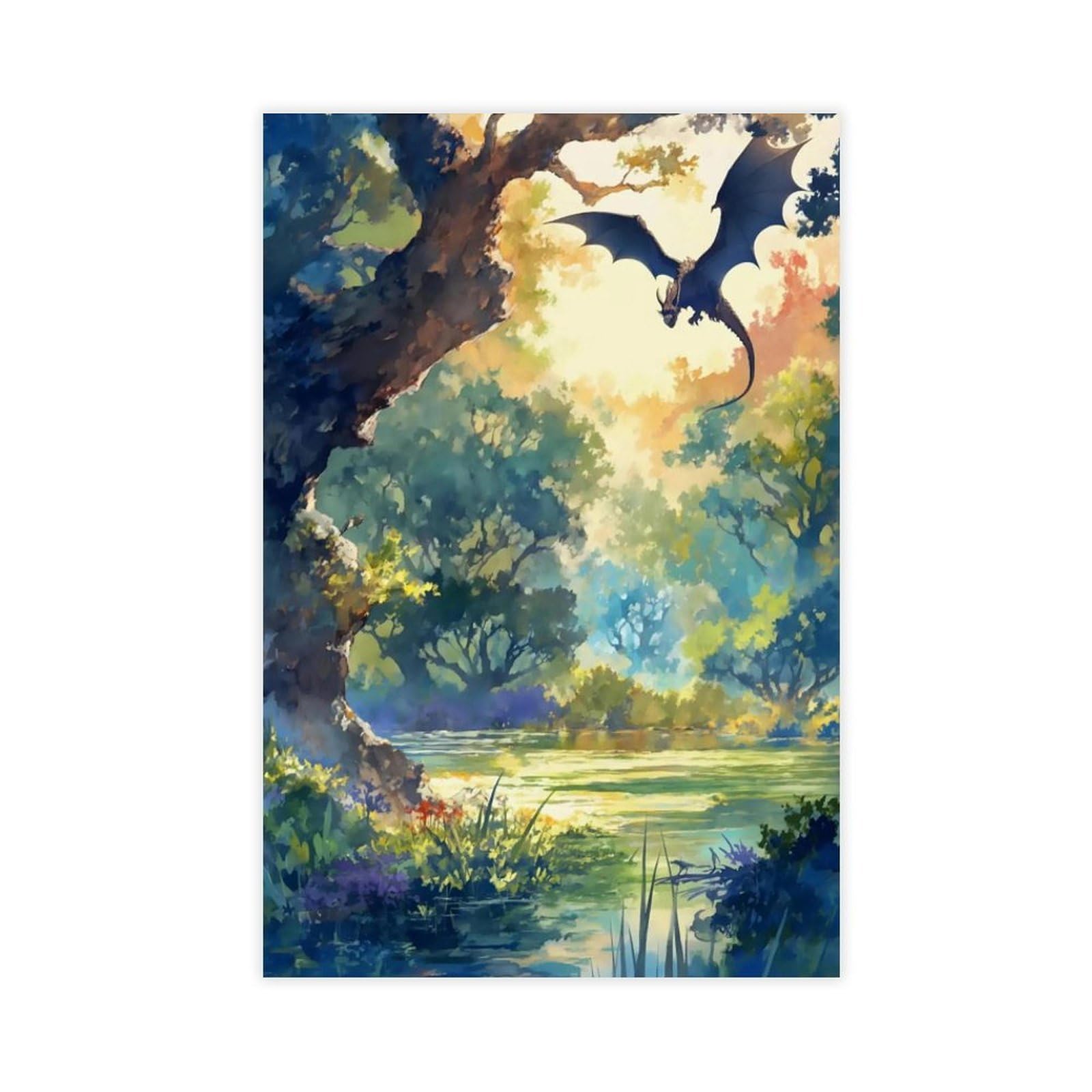 Bareronor Forest Dragon Watercolor Art Canvas Poster Bedroom Decor Landscape Office Room Decor Gift 20" L X 30" W