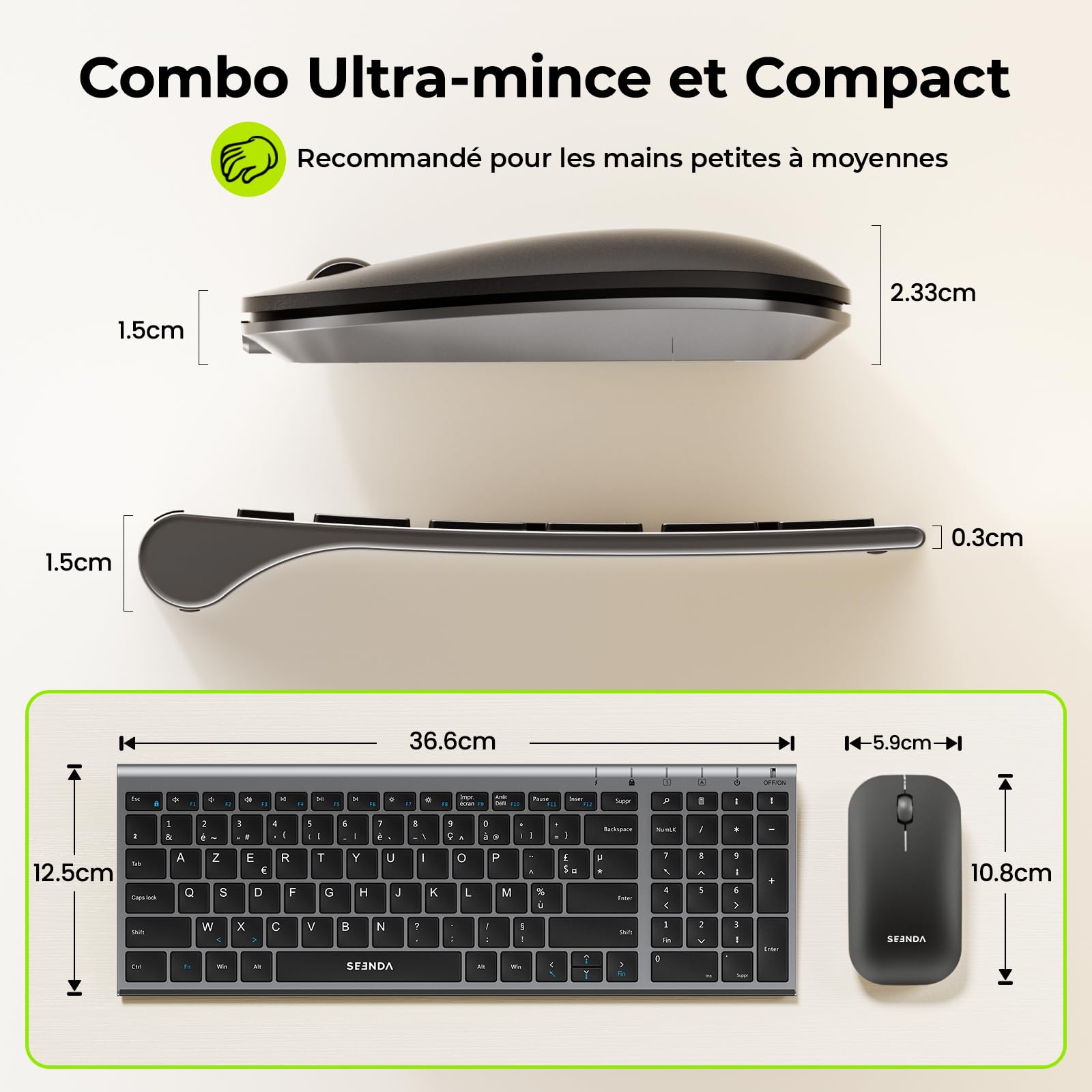 seenda WGJP-031B Combo Clavier et Souris sans Fil Rechargeable | Silencieux, Ultra-Fin, AZERTY Français, 2,4 GHz Récepteur USB, avec Pavé Numérique, pour Windows, PC, Ordinateur Portable