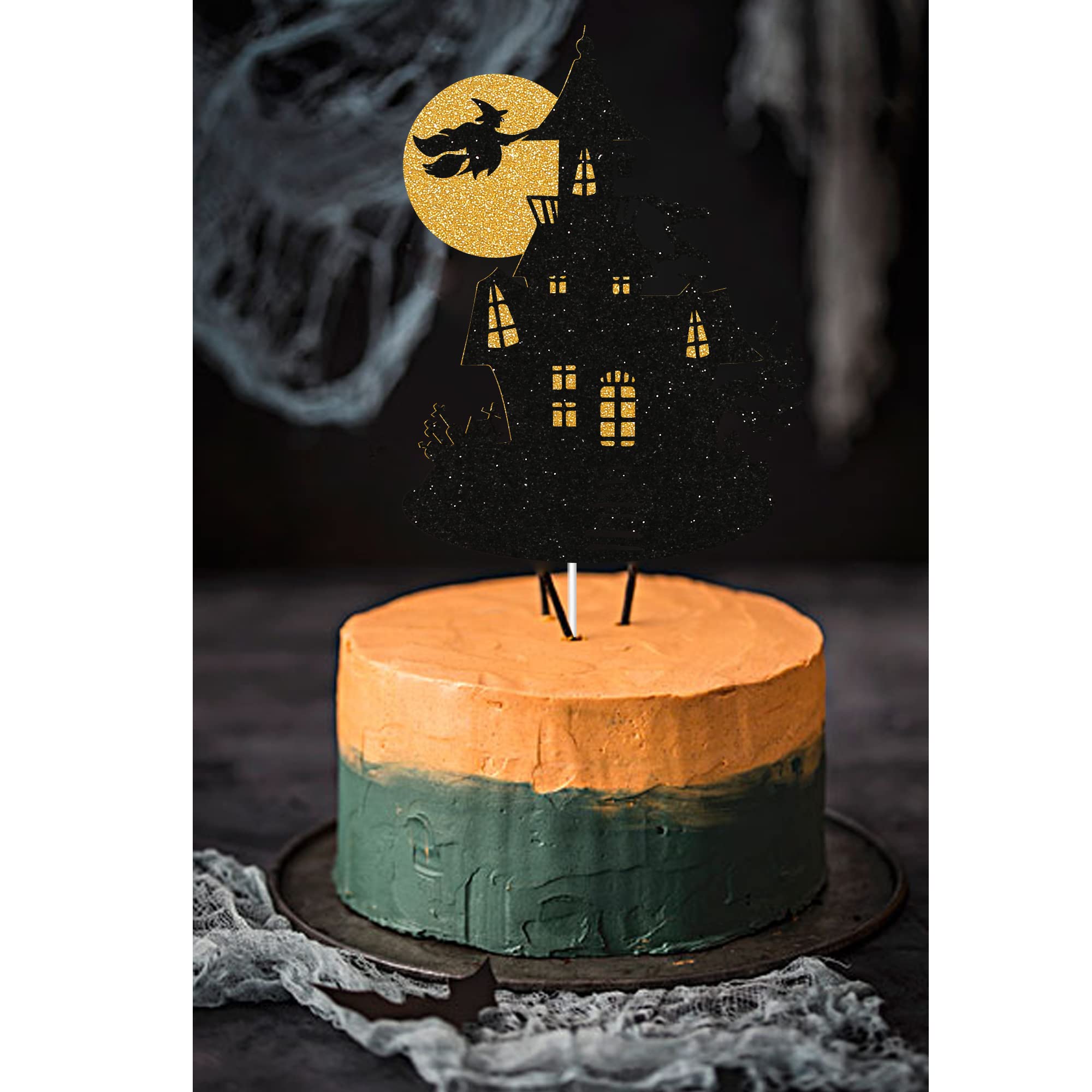 Halloween Happy Birthday Cake Topper - Spooky Haunted House Black Glitter Decor
