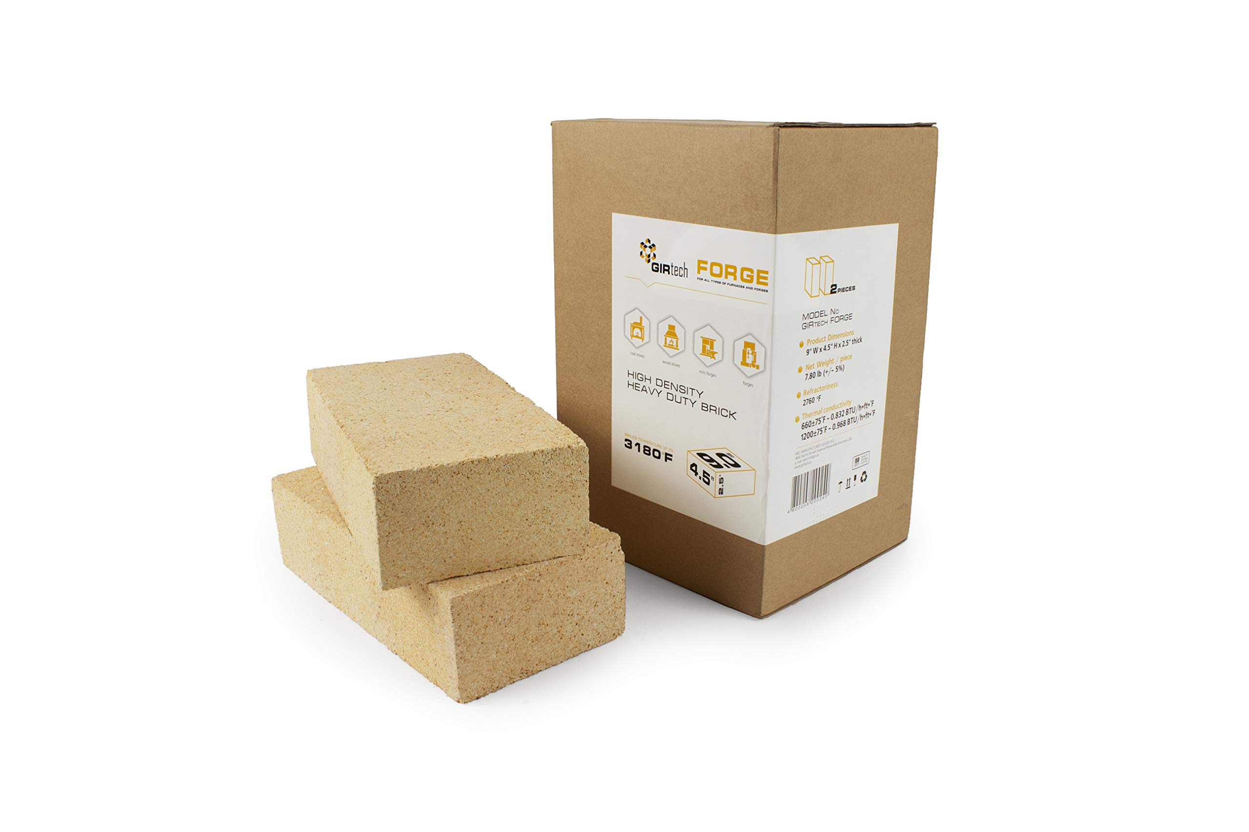 Forge High Density Heavy Duty Fire Bricks 3180F - Pack of 2 | Hard Refractory Fire Brick for Masonry, Insulating Kiln, Fire Pit, Wood Stove, Oven, Grill, Melting Metals | Fireproof Bricks