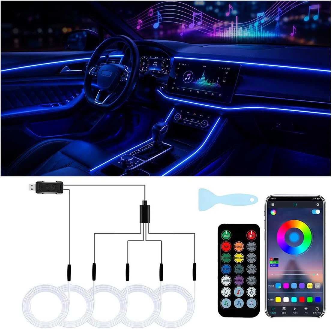 Interior Car LED Strip Lights with APP Control,RGB 5 in 1 Ambient Lighting Kits with 275 inches Fiber Optic,Inside Neon Dash Strip with Music Mode,Car Decorations Interior Accessories