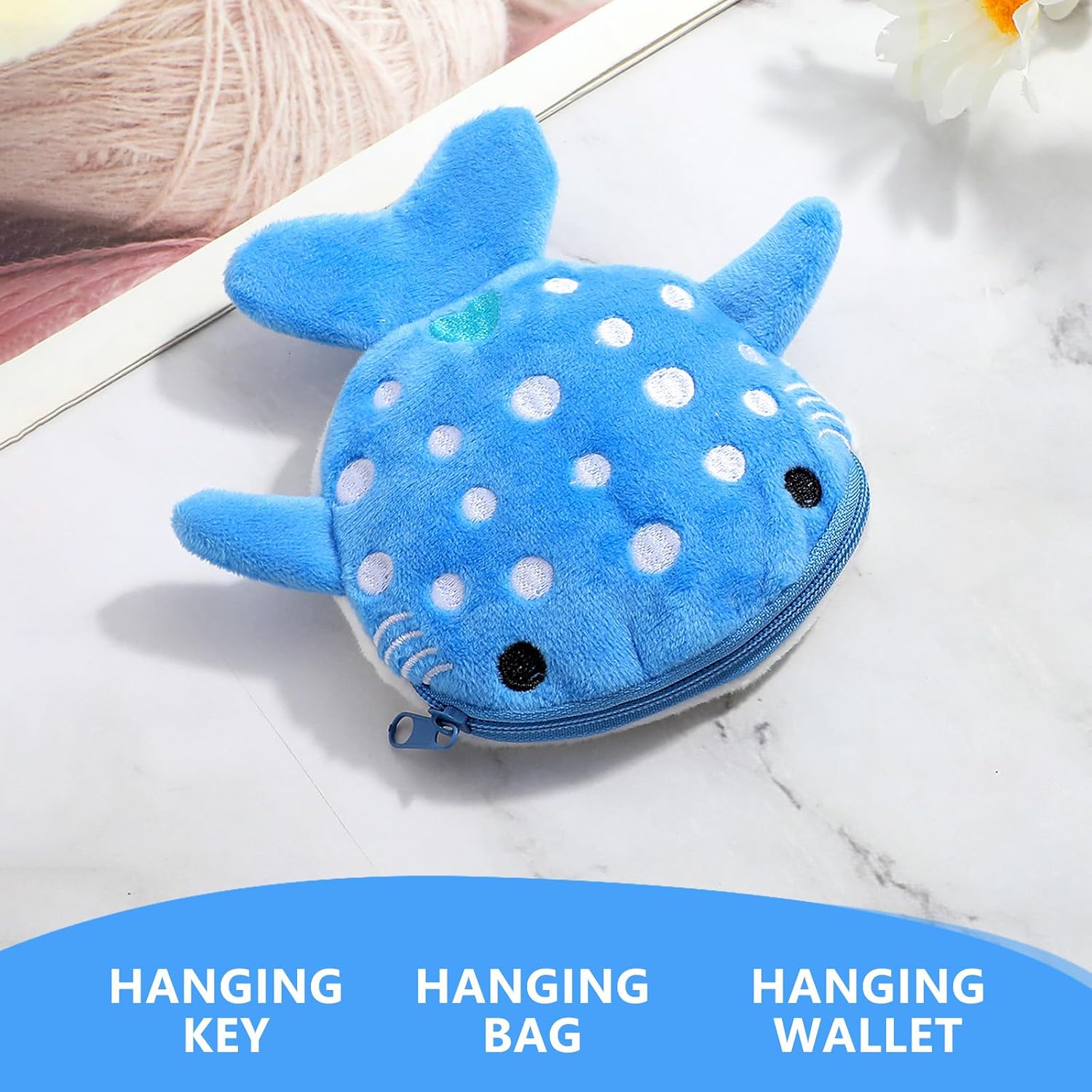 1 Pcs Shark Coin Purse, Mabor Plush Small Coin Pouch Cute Kawaii Wallet with Zipper Keychain Small Embroidered Funny Sea Cartoon Animal Change Purse for Women