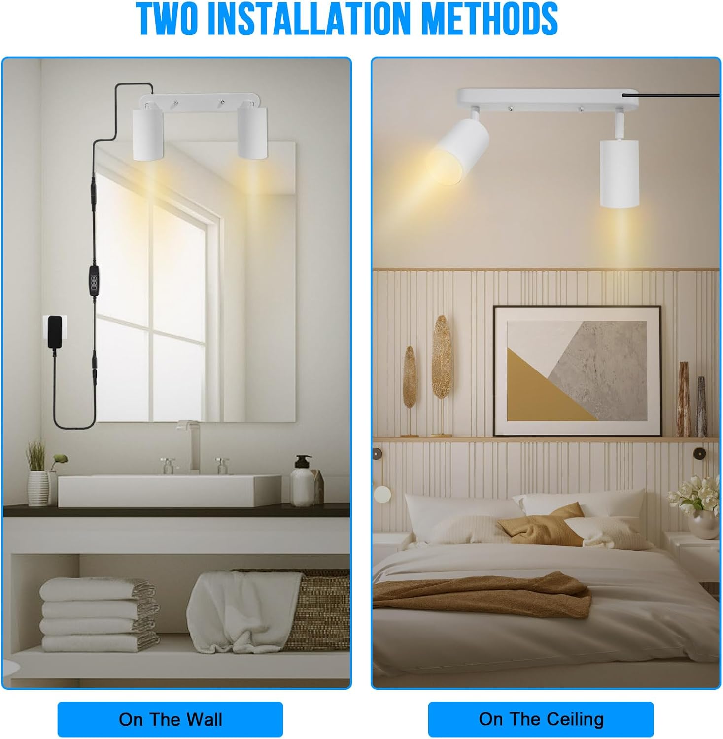 Plug in Track Lighting Track Light Fixtures with Power Cord Wall Spotlight Flexibly Rotatable Heads Plug in Ceiling Lights for Kitchen Cabinet Gallery Bar Living Room 10W 3000K(White, 2 Heads)