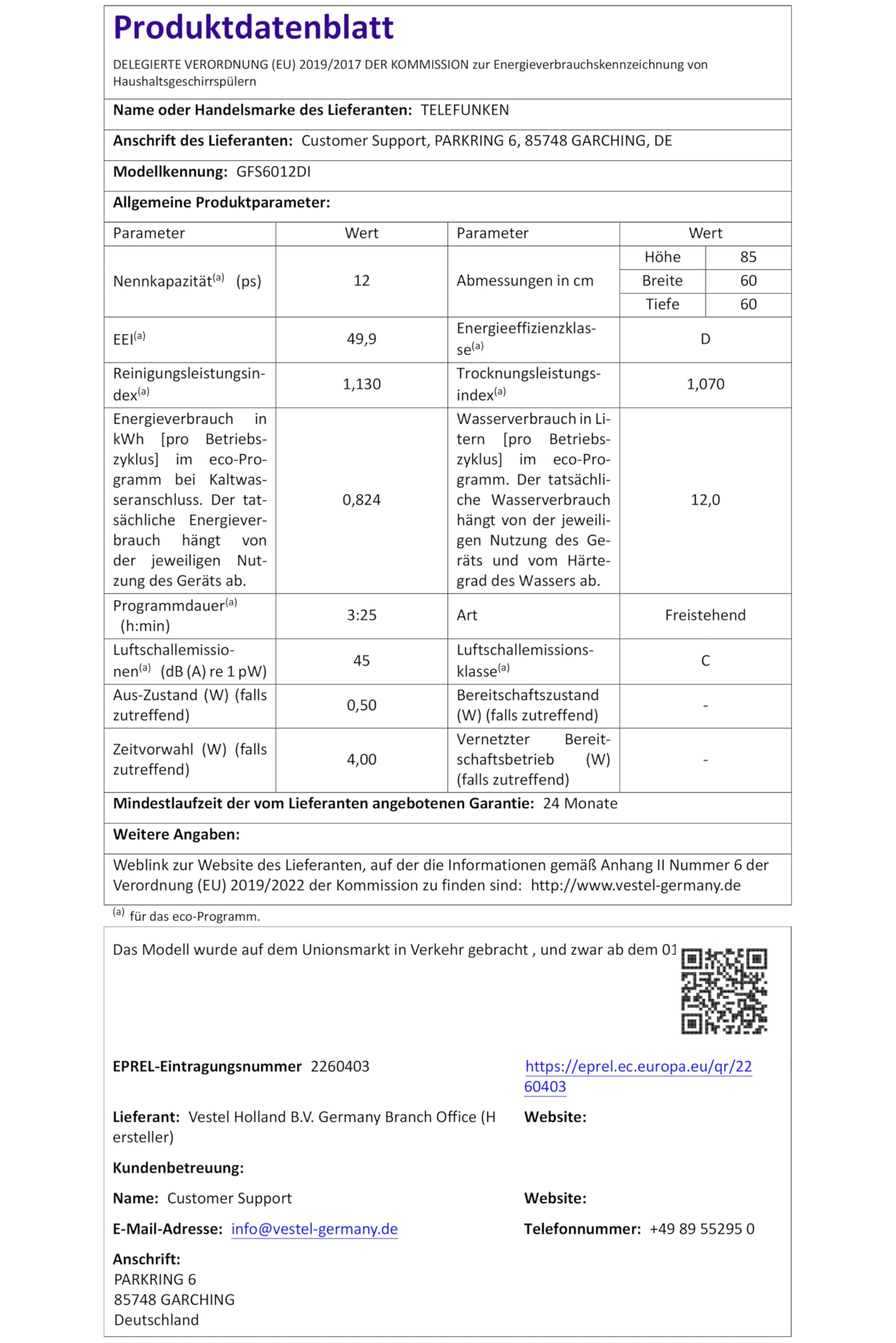 Telefunken Geschirrspüler freistehend 60 cm Silber 12 Maßgedecke 6 Programme AquaStop leise 45 dB
