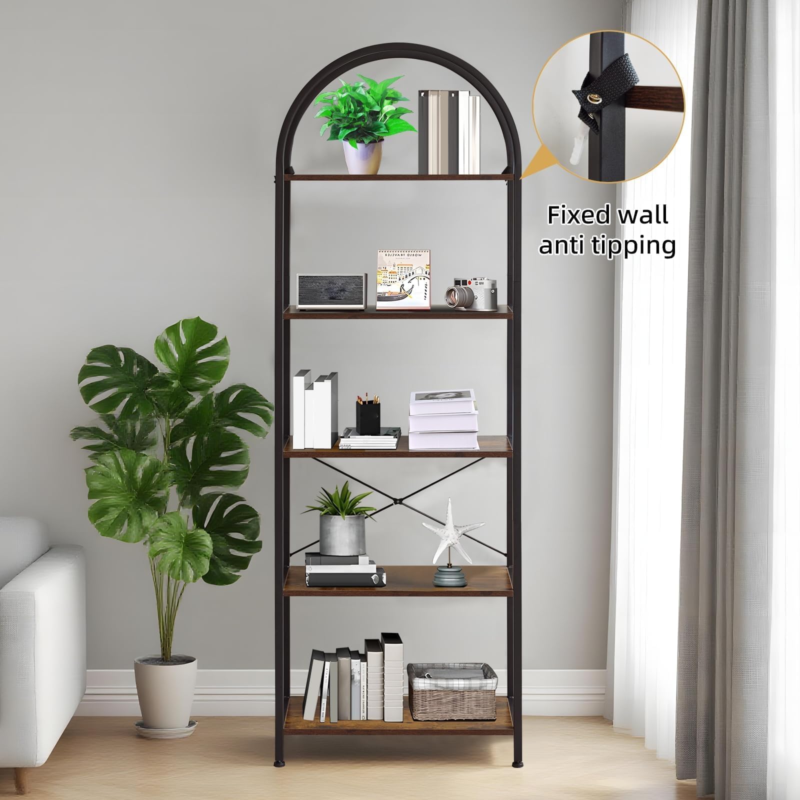Libreria ad arco a 5 ripiani con metallo e – 60 x 28 x 180 cm scaffale per soggiorno, bagno e ufficio - marrone Display nd