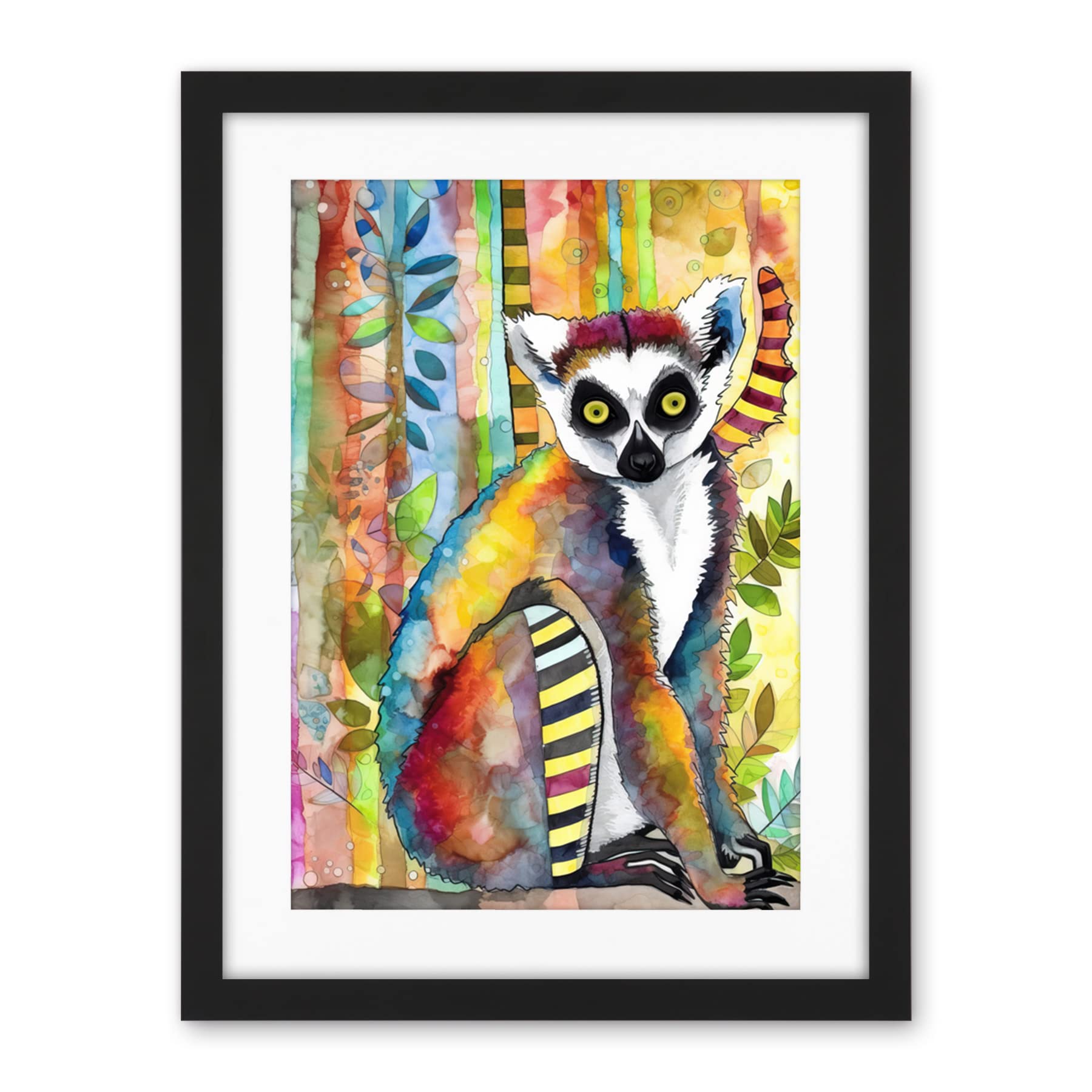 Artery8 Lemur Vibrant Portrait Folk Art Watercolour Painting Artwork Framed Wall Art Print 18X24 Inch