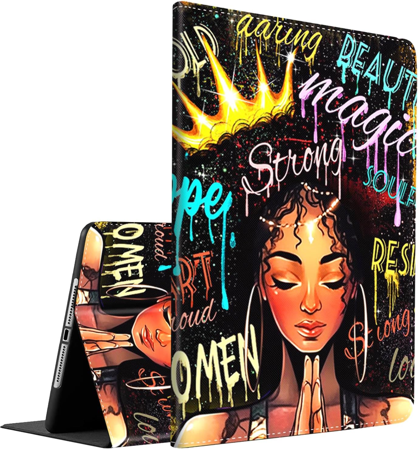 Case for iPad mini 6 2021 8.3 Inch, Multi-Angle Smart Stand Cover Auto Sleep/Wake for iPad mini 6th Generation 8.3 Inch，African American Women Graffiti Afro Black Girl with Crown
