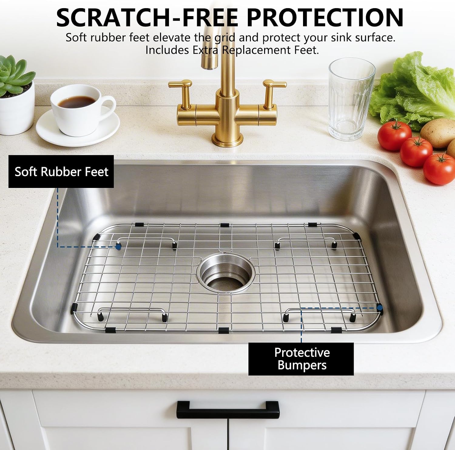 AWOKE Sink Rack for Bottom of Sink (24 x 12 Inch), Center Drain Sink Protectors for Kitchen Sink, 304 Stainless Steel Heavy Duty Metal Wire Grate for Single Bowl Farmhouse Sink Bottom,Soft Rubber Feet