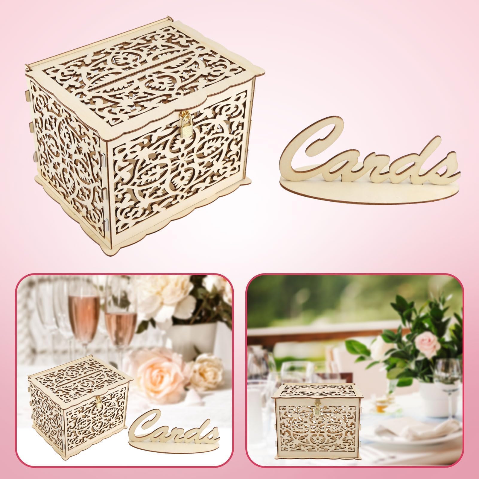 HERCHR Porta Buste di Carte di Nozze in Legno con Coperchio e Serratura, Porta Buste per Ricevimento Matrimonio Anniversario con Serratura