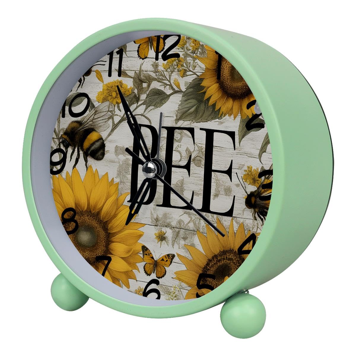 Luoweisi Analog Alarm Clock Bee Sunflower, Silent Non-Ticking with Night Light, Battery Operated, Round Desk Alarm Clock for Office, Bedroom, Elderly, Adults, Children, Student Gifts