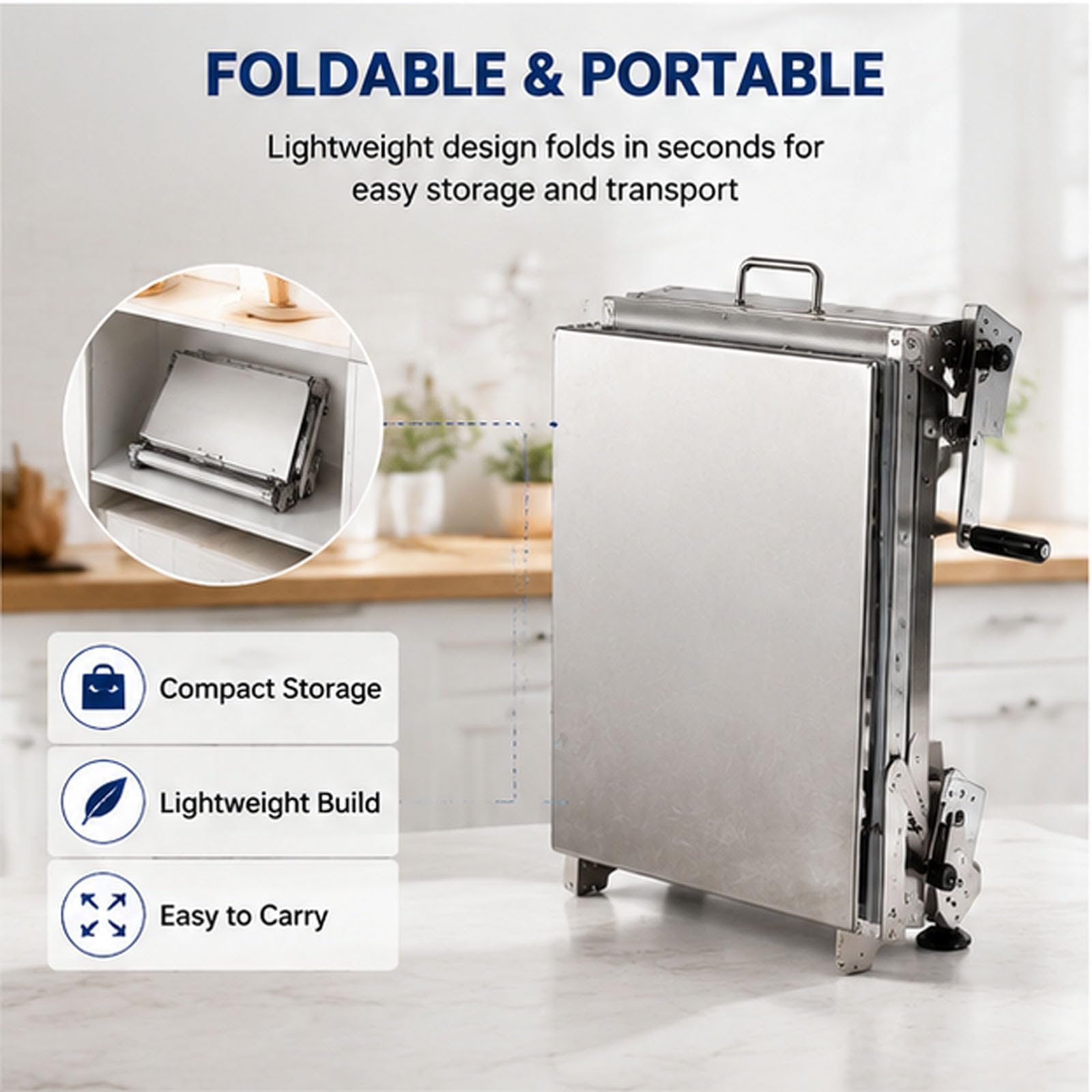 Faltender Teigwalzmaschine, Heim- & Gewerbebäckerei | 0-25 mm verstellbare Dicke, Edelstahl, manuelle Teigwalzenmaschine, für Pizzateig, frische Pasta und Croissants(83*48cm)