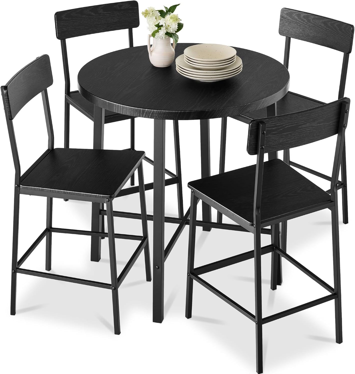 Best Choice Products 5-Piece Modern Round Counter Height Dining Set for Home Kitchen, Dining Room w/ 4 Chairs, 1.5in Thick Table - Black