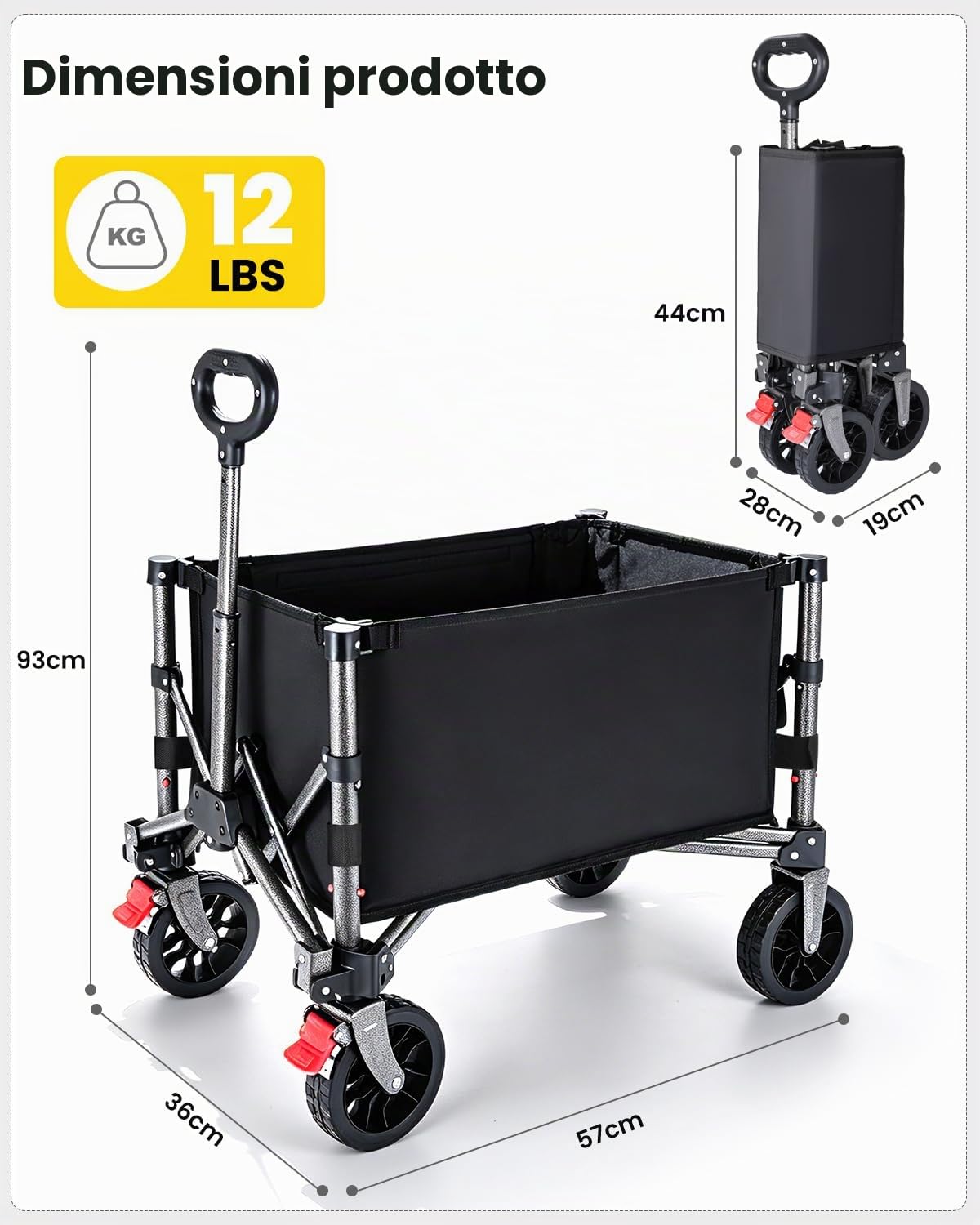 YEAUPE PRO Carrello con Ruote Portatile – 70L, 50kg carico max. – Pieghevole, con zip laterale, rete e manico telescopico – Ideale per campeggio, ufficio e casa – Nero Carbone