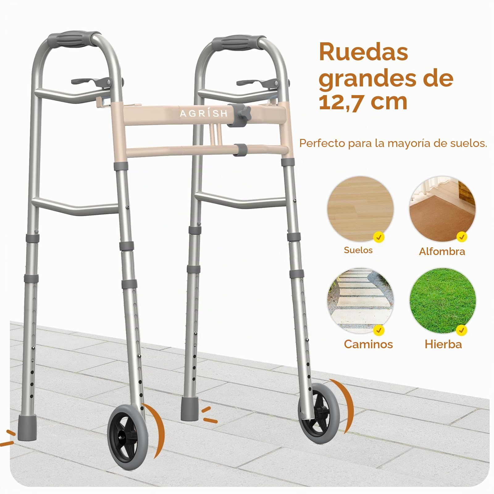 Andador Estrecho Plegable para Personas Mayores – Marco Ligero con Ruedas, Altura y Anchura Ajustables, Bastón Andador para Discapacitados, Capacidad 159 kg