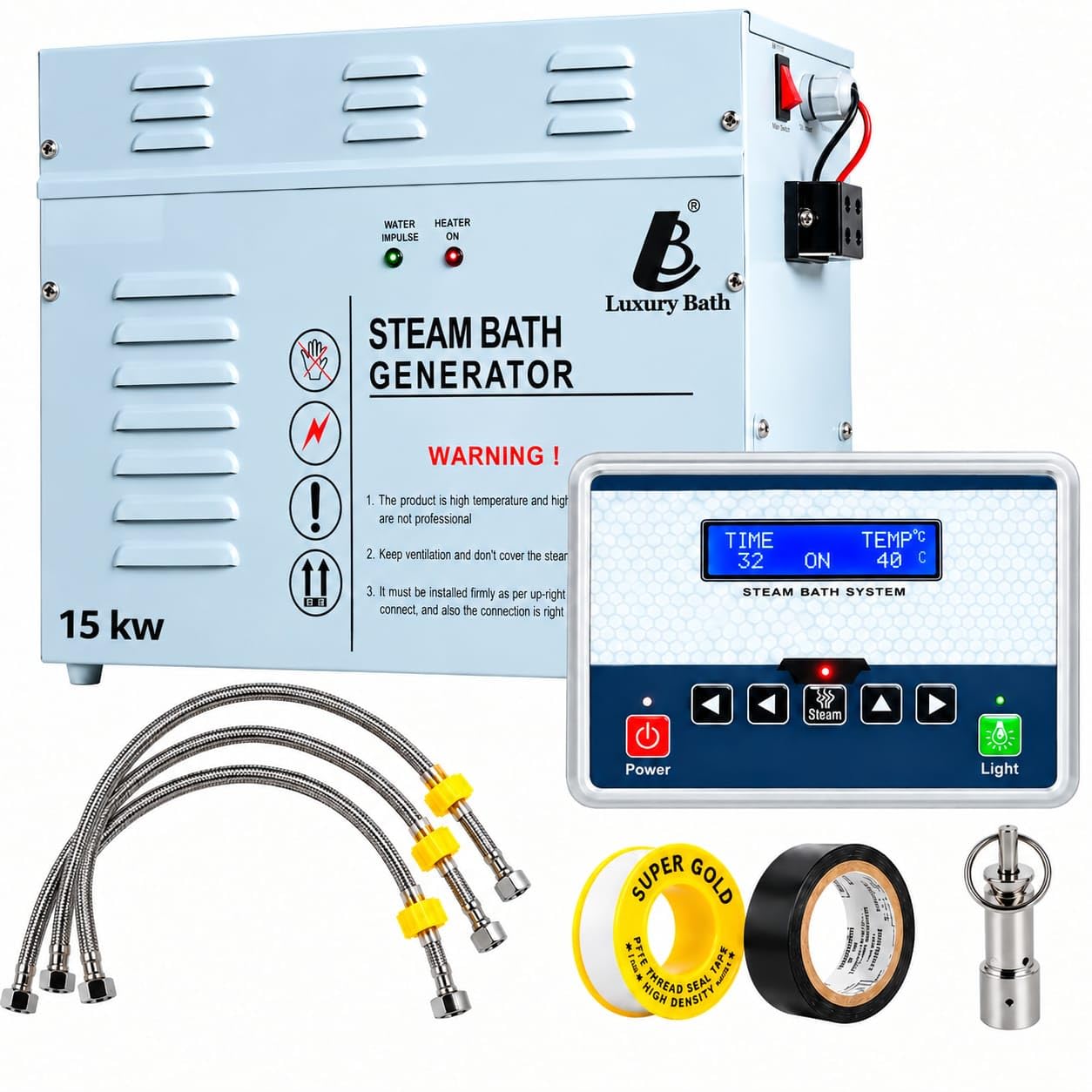 steam bath generator with digital control panel, 15kw | fully automatic operation