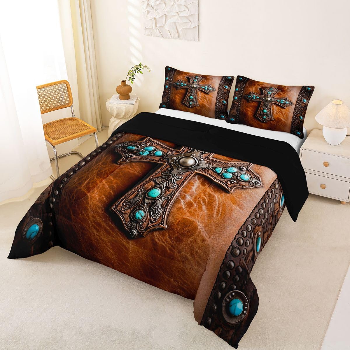 Erosebridal Ethnic Cross Comforter Set Queen Size Bohemian Bedding Set for Adutls Men Women Rustic Western Comforter Southwestern Aztec Quilt Bedroom Decor image 2