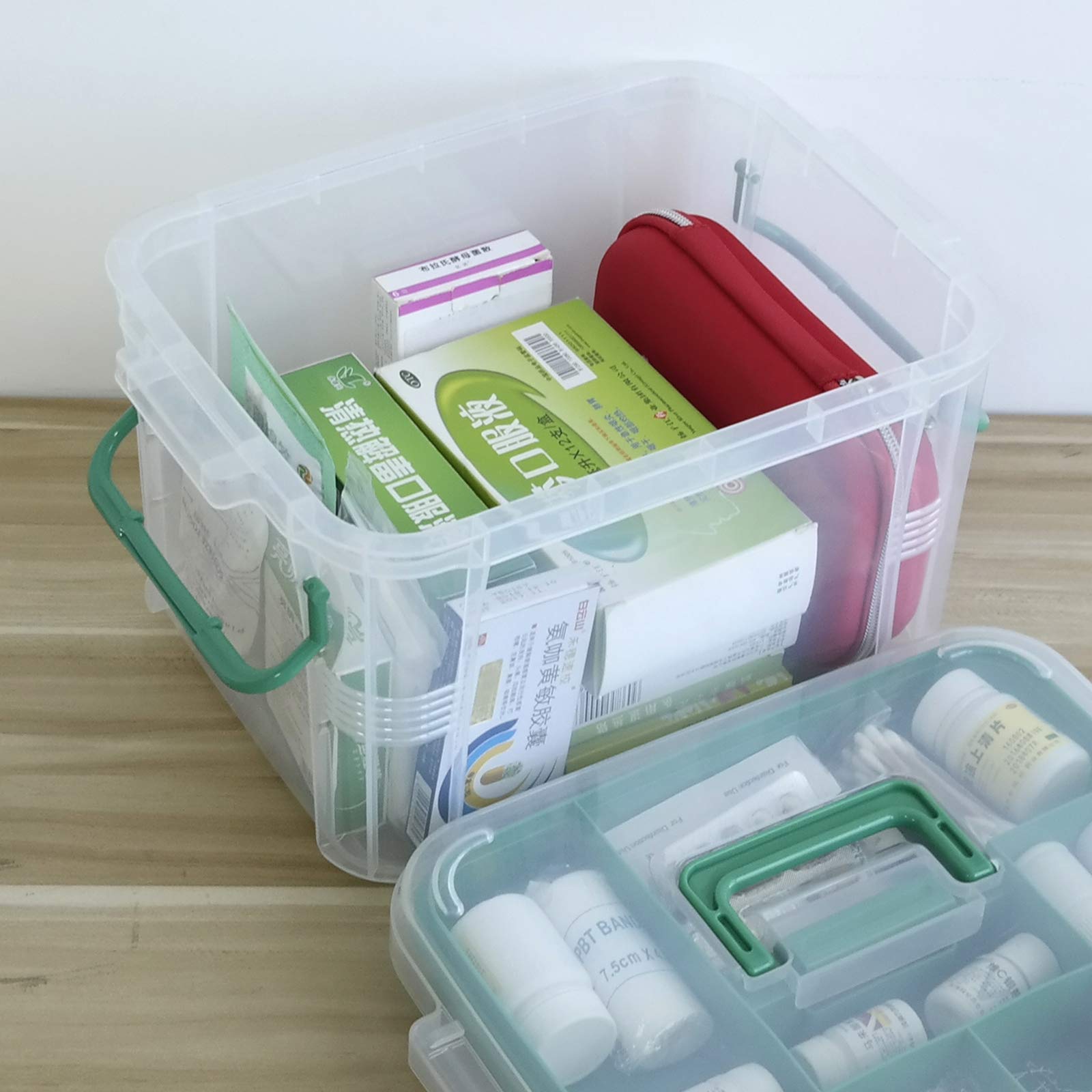 Portatore di pronto soccorso in plastica, 2 strati con scomparti, organizer per medicine di famiglia, 1 pezzo, trasparente