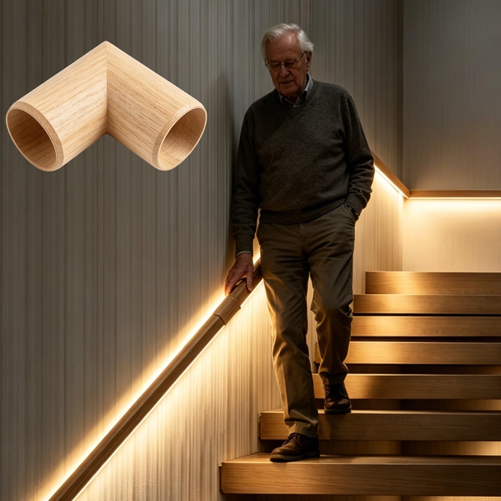 LED Lighting Aluminum Staircase Handrails, Wood Grain Stair Handrail with Motion Sensor, Illuminated Round Railing Grab Bar for Indoor Stairs(Left Top,Only 90° Connector)